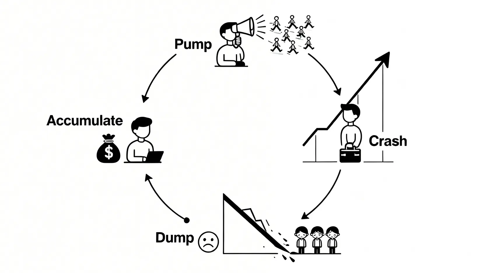 一張概念圖,解釋「唱高散貨」的四個階段:低價吸籌、利用假消息炒高股價、高位拋售、股價暴跌。