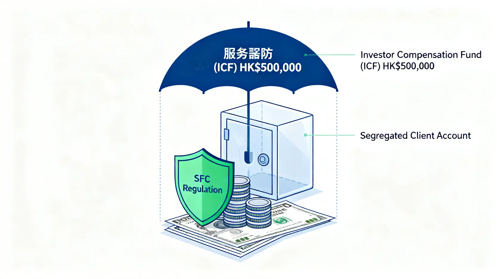 圖表解釋方德證券在SFC監管下的三重資金安全保障,包括獨立託管戶口和投資者賠償基金。