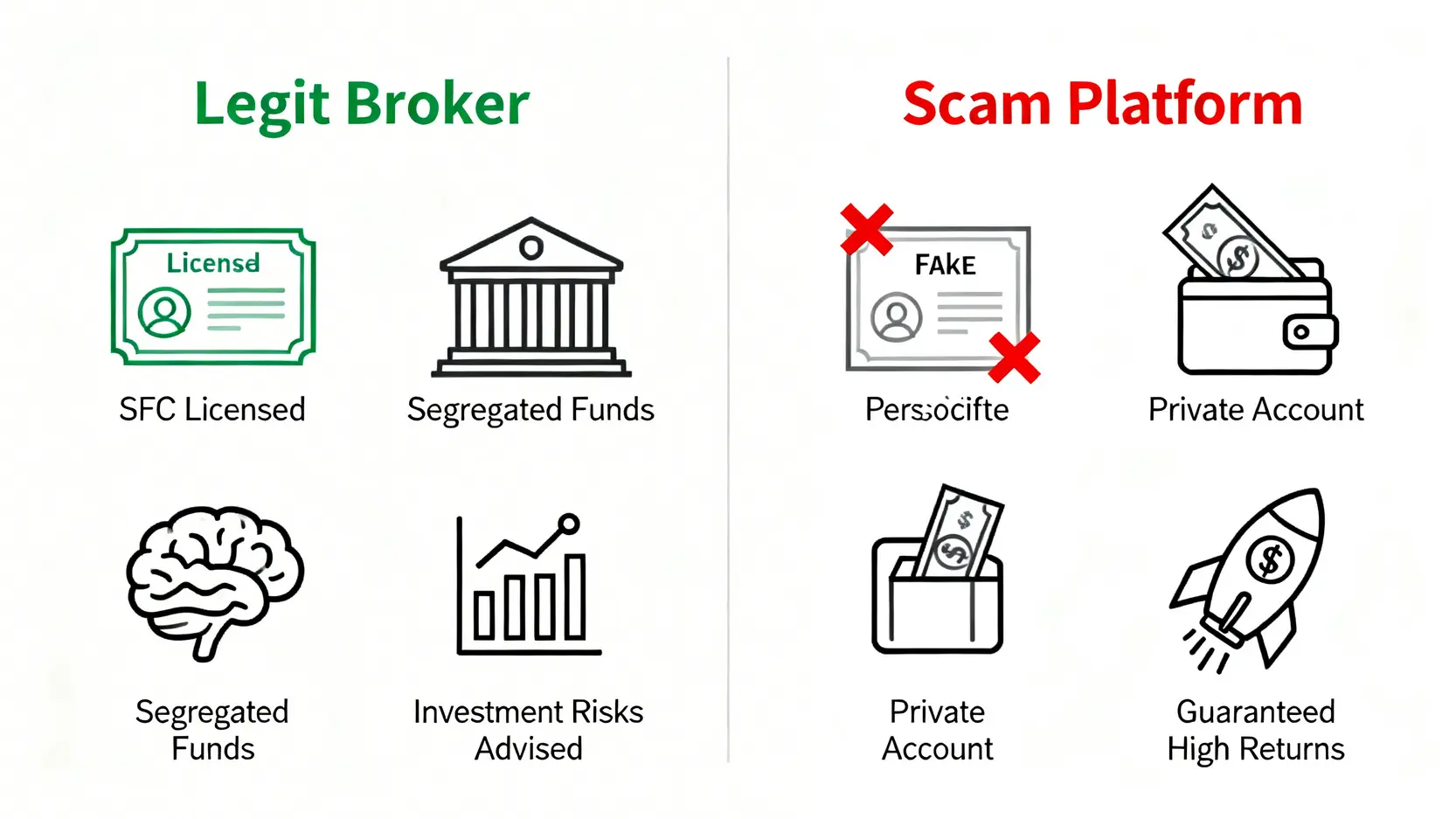 對比圖展示正規券商與詐騙平台在SFC牌照、資金存放及回報承諾上的關鍵區別。