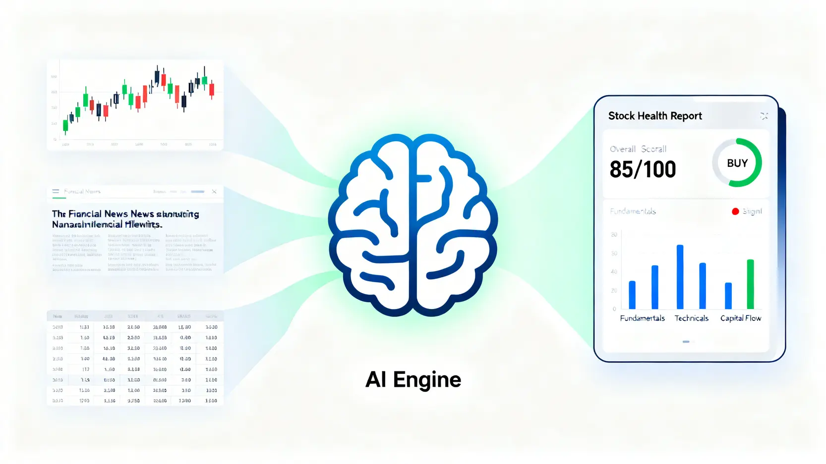 方德智投AI診股功能示意圖,展示人工智能如何分析市場數據並生成股票健康報告。
