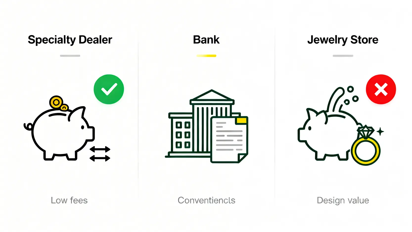三種買金渠道對比圖:專門金行、銀行與連鎖金舖在買賣差價和手續費上的優劣比較。