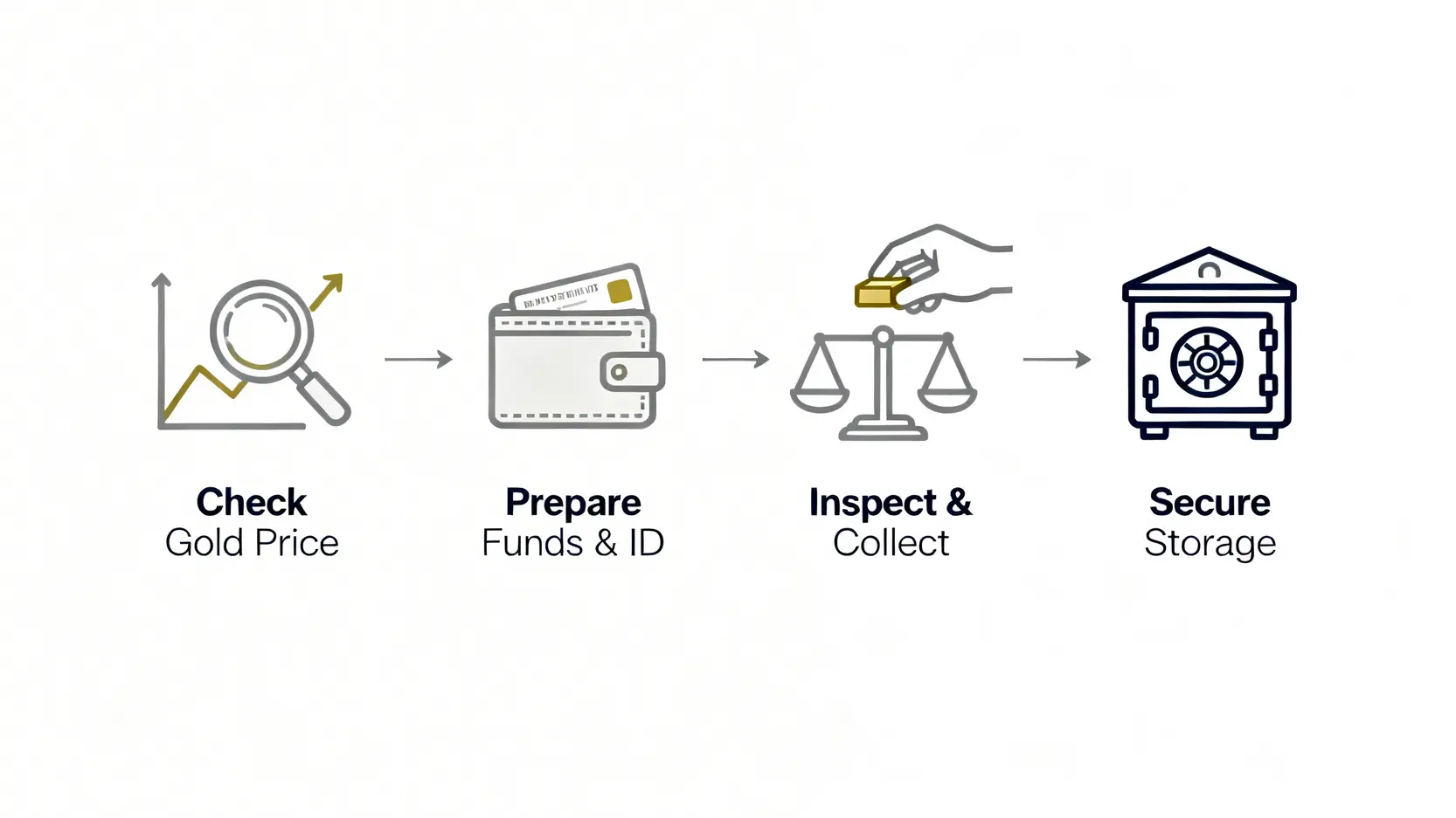 一張流程圖,展示購買實體黃金的四個步驟:查詢金價、準備資金、驗貨取貨、安全存放。