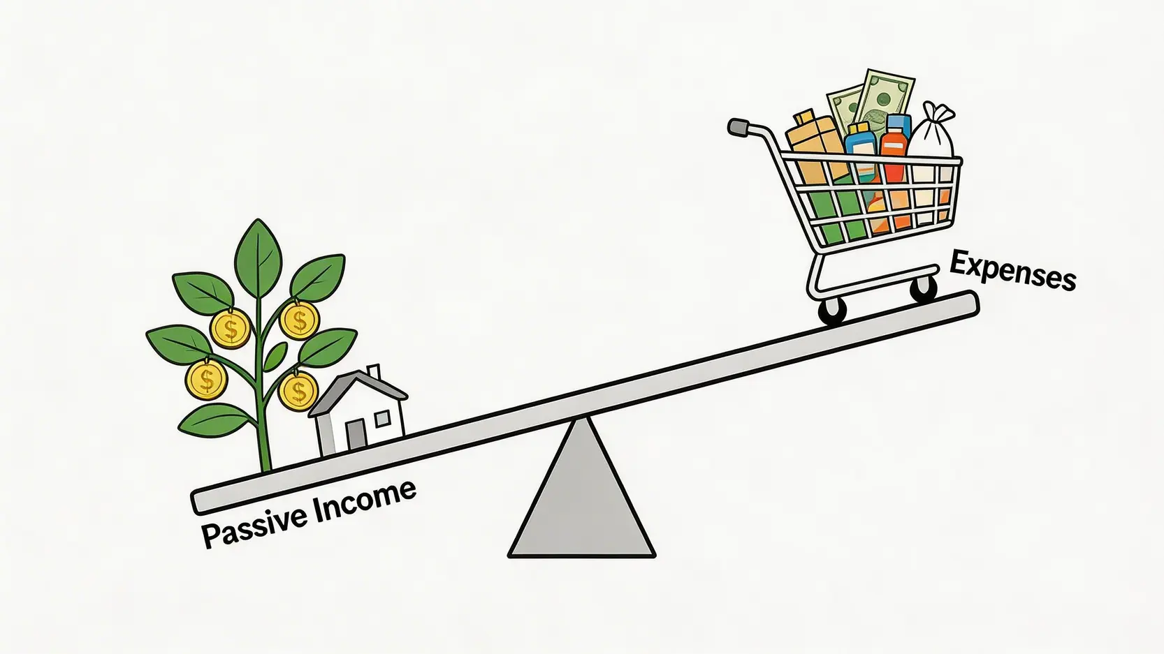 一張概念圖,展示了一個蹺蹺板,代表被動收入的一端比代表生活支出的一端更重,象徵著財務獨立。