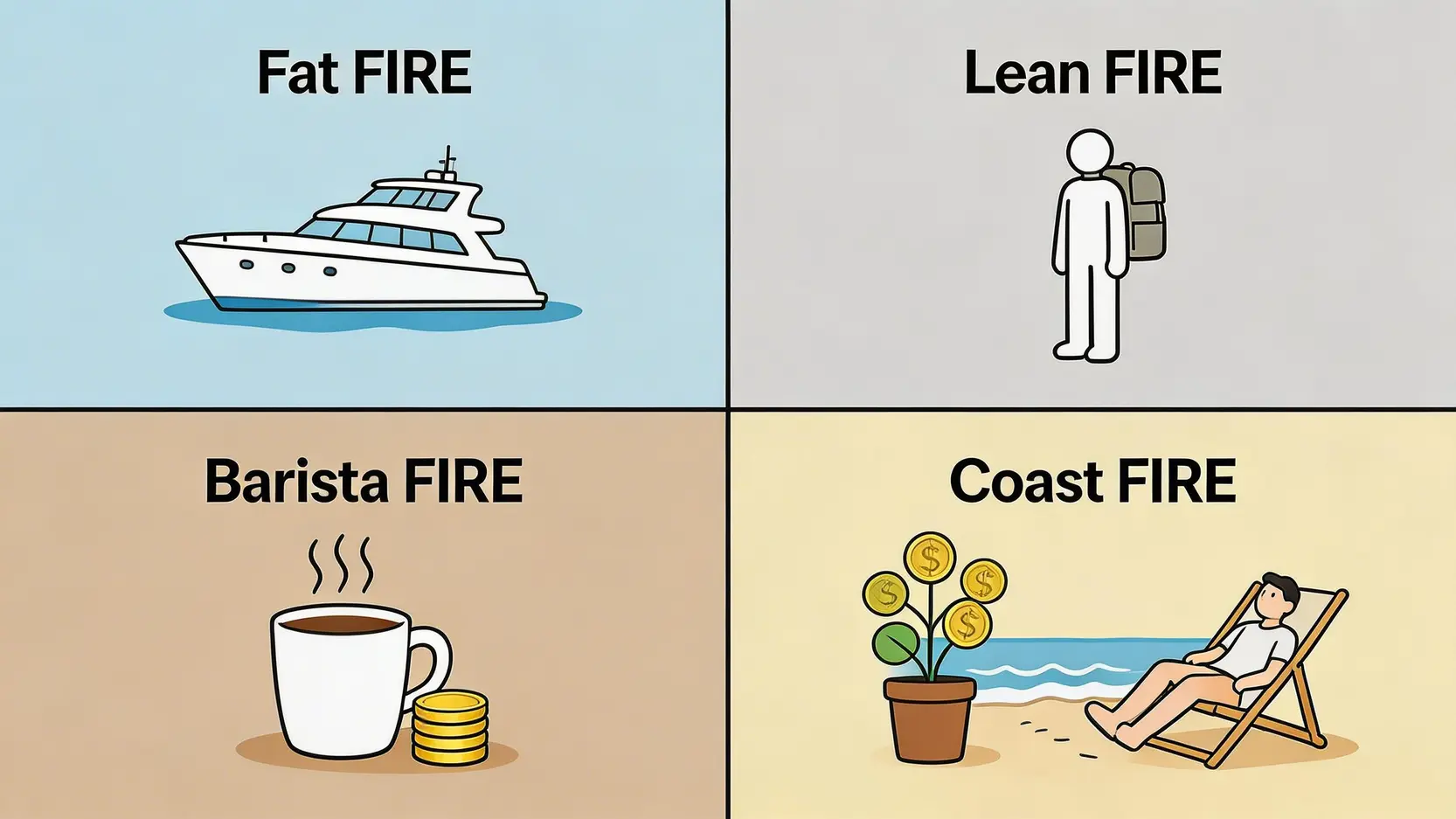 一張對比圖,用四個象徵性圖標分別解釋肥FIRE、瘦FIRE、咖啡師FIRE和海岸FIRE的核心概念。