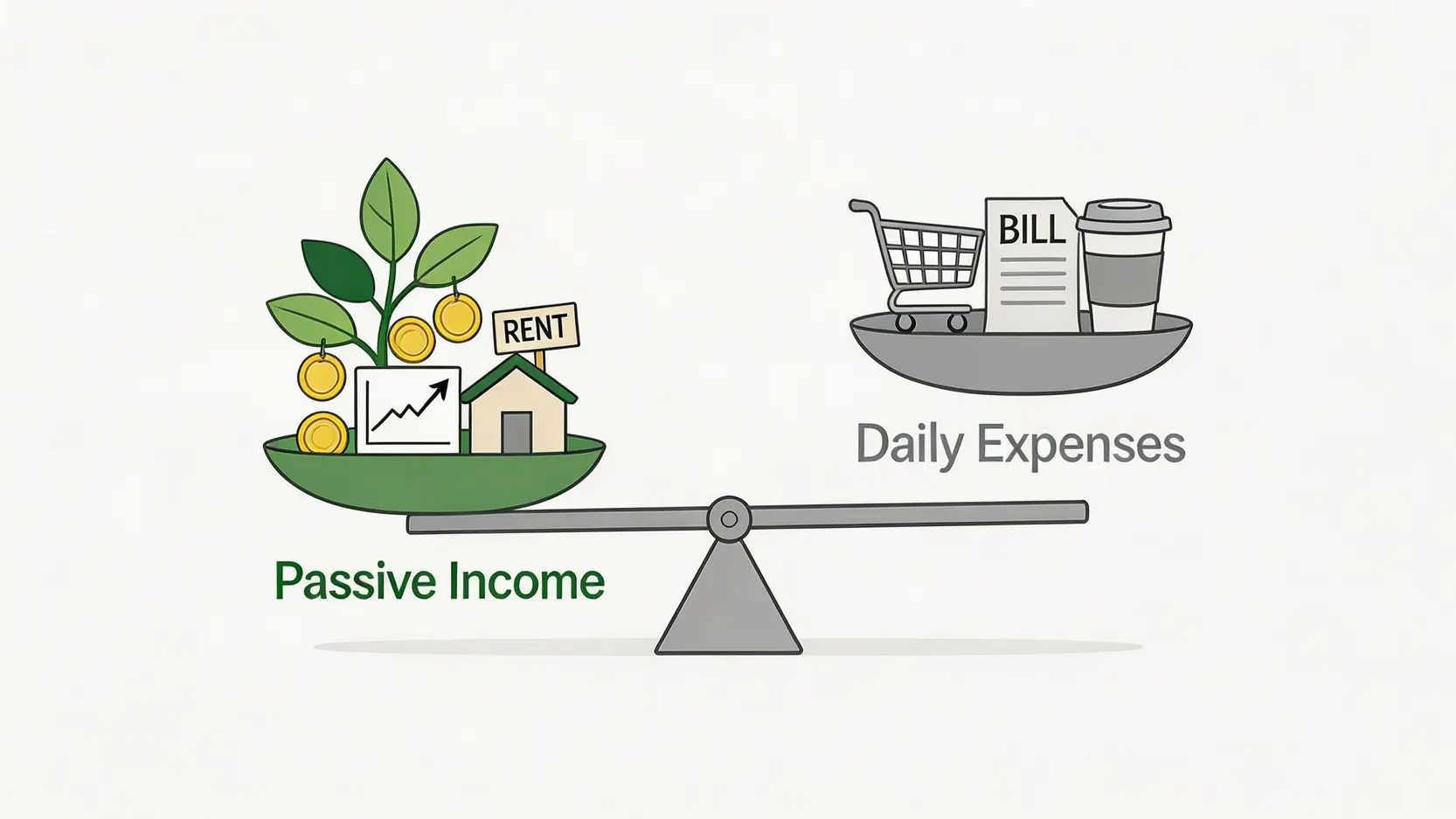 一張解釋財務自由核心概念的示意圖,圖中一個天秤的左邊是較重的「被動收入」(如股息、租金),右邊是較輕的「日常支出」(如購物、賬單)。
