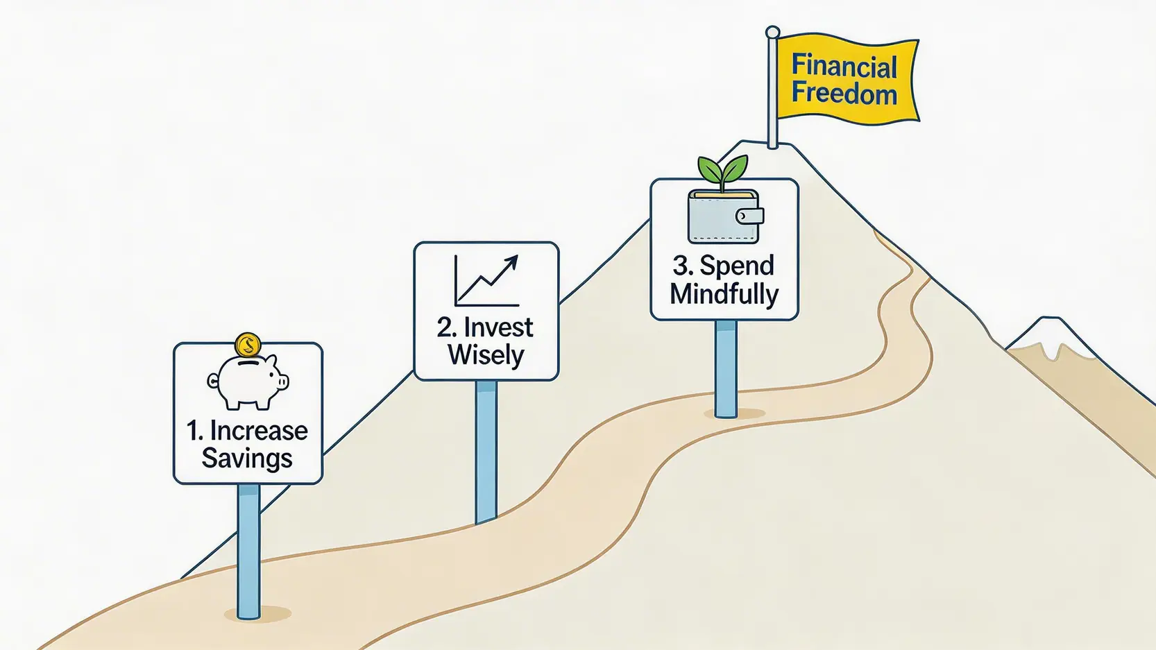 一張展示實現財務自由三大策略的路徑圖,圖中一條通往「財務自由」山峰的路上,有三個指標,分別是「提高儲蓄」、「學習投資」和「控制消費」。