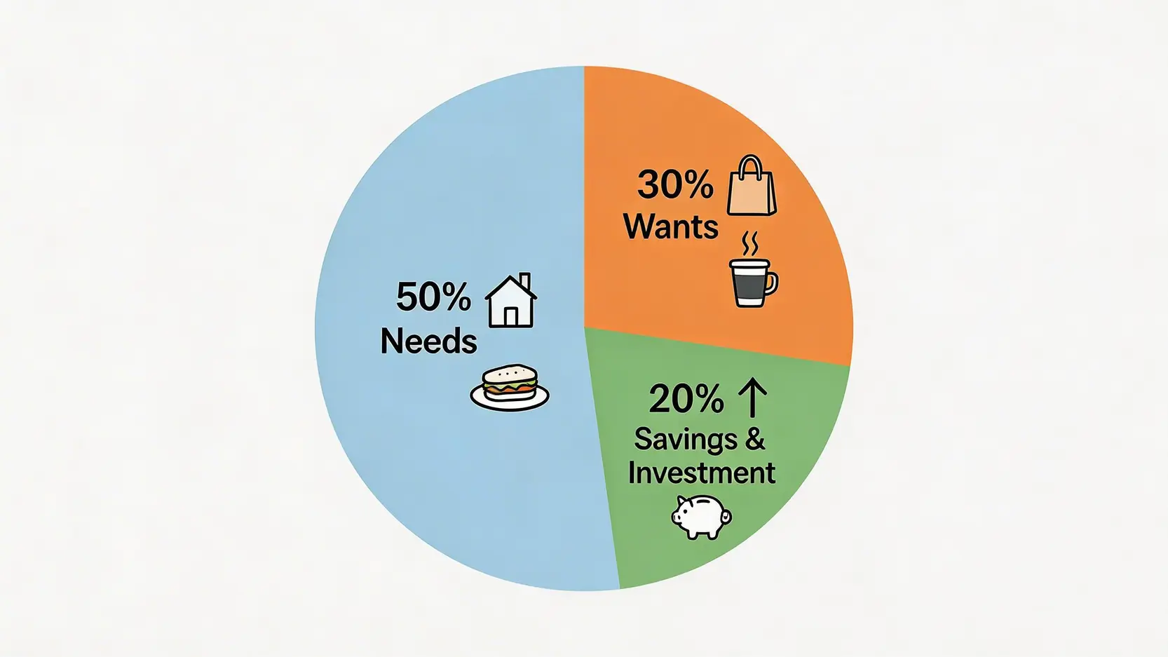 50/30/20預算法則示意圖,將收入分為50%需要、30%想要及20%儲蓄與投資。