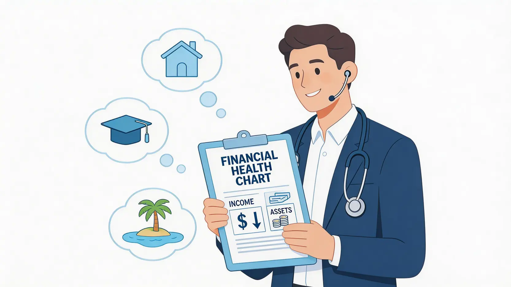 一位理財策劃師化身為財務醫生,正在為客戶分析財務健康狀況,並規劃其人生目標。