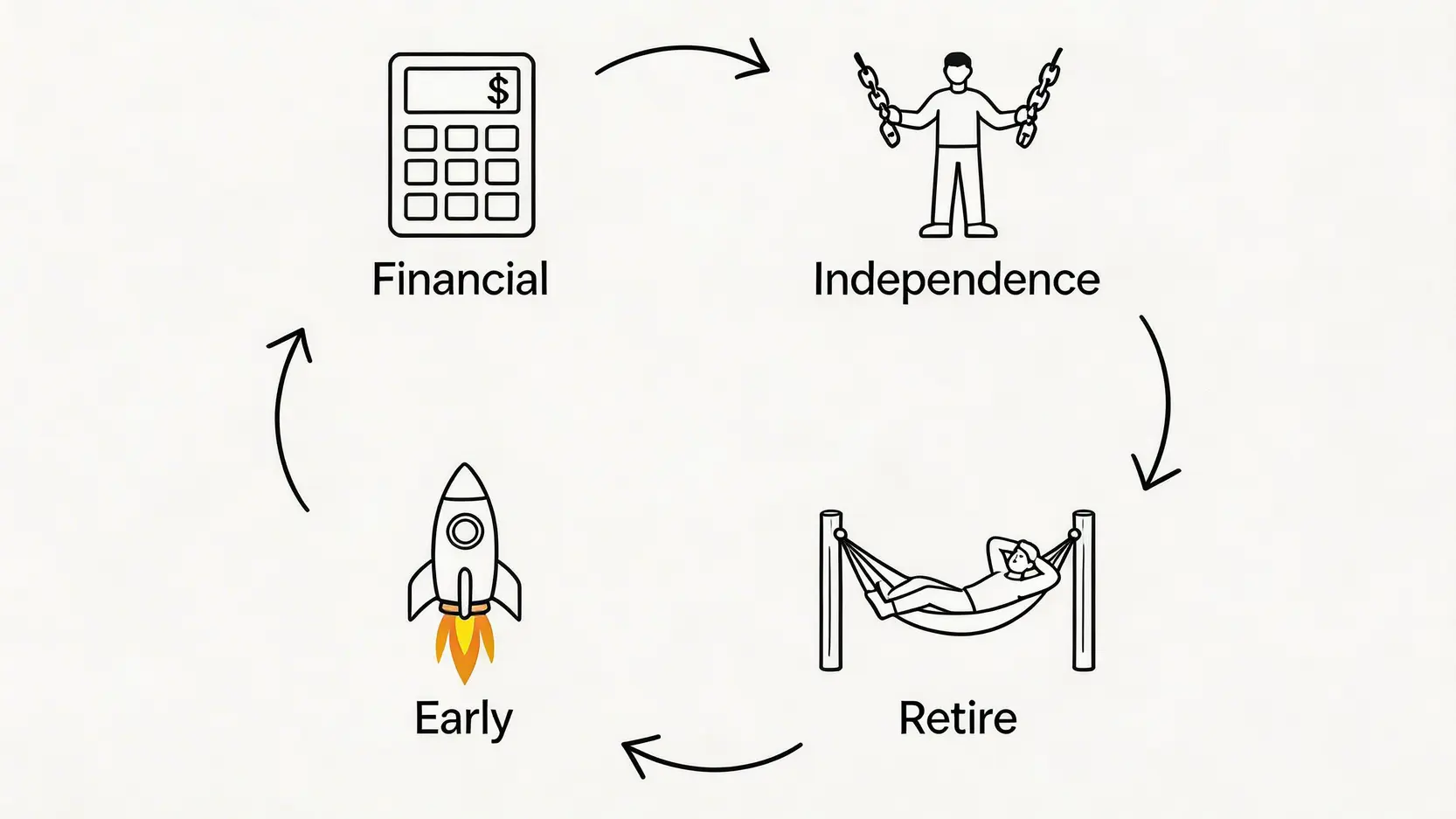 FIRE運動四個核心概念圖解:財務規劃、獨立、提早、退休。
