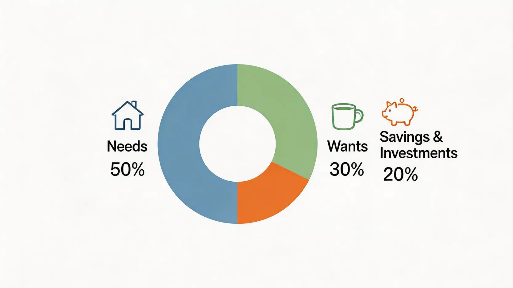 50/30/20預算法則的圓餅圖,顯示50%用於需要,30%用於想要,20%用於儲蓄與投資。