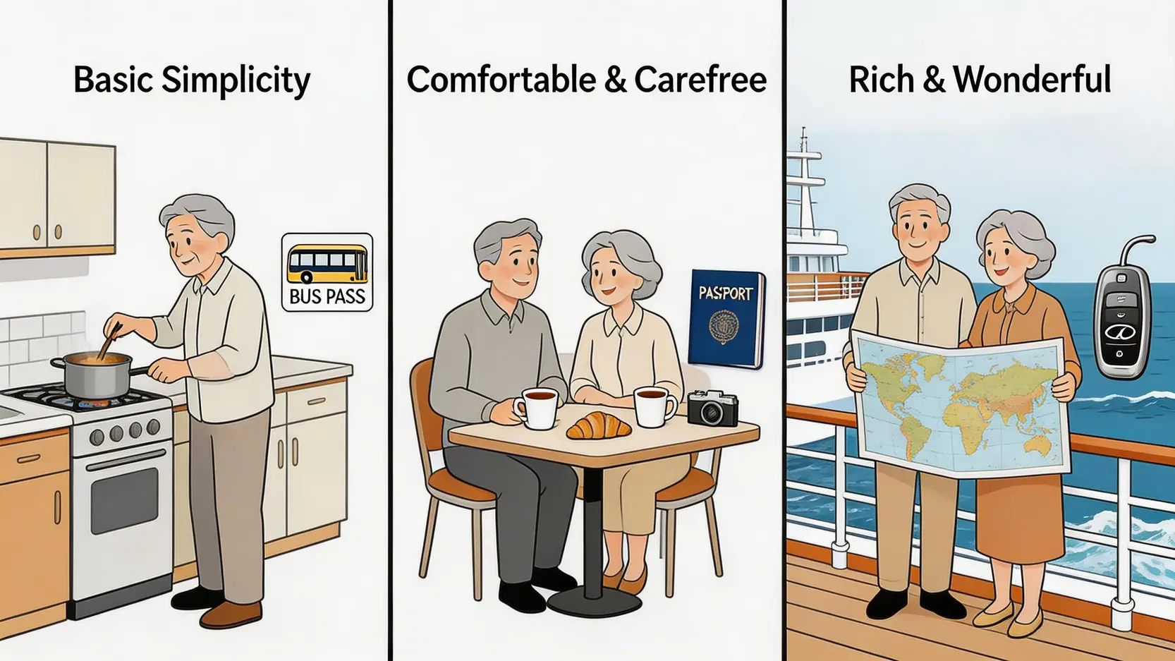 三種不同等級的退休生活模式對比圖,從基本簡約到豐盛精彩。