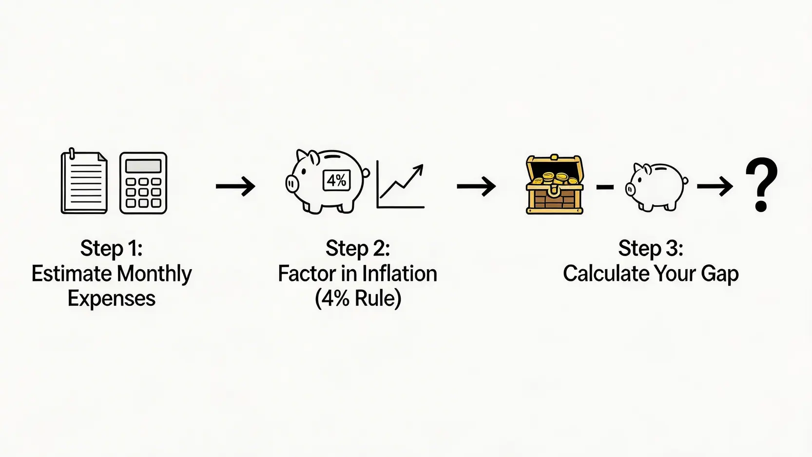 退休金計算三步驟流程圖,包括估算開支、考慮通脹和計算儲蓄缺口。