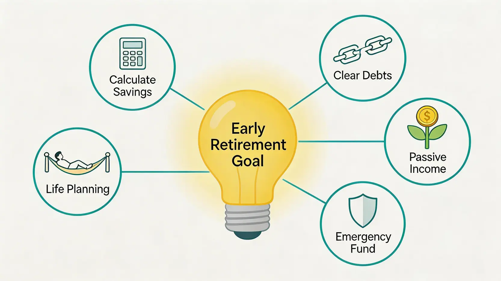 一張信息圖展示了實現提早退休的五個關鍵條件:計算退休儲備、清還債務、建立被動收入、準備應急金和規劃退休生活。