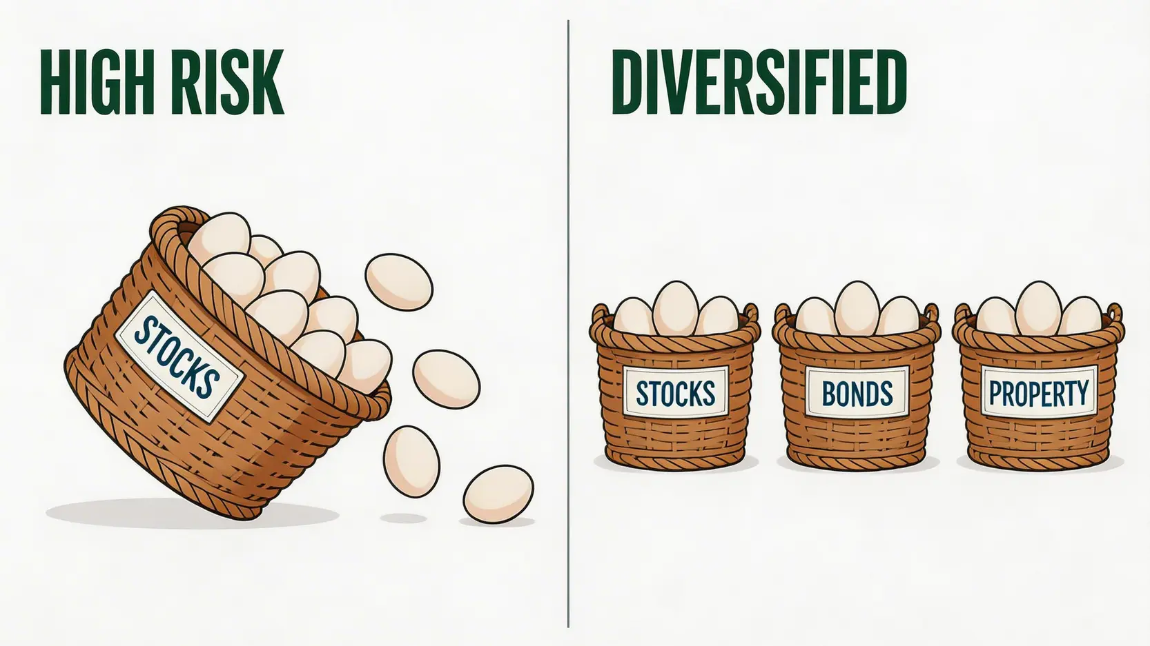 資產配置示意圖,對比將所有雞蛋放在一個籃子裡(高風險)與分散到股票、債券、房地產等多個籃子裡(分散風險)。