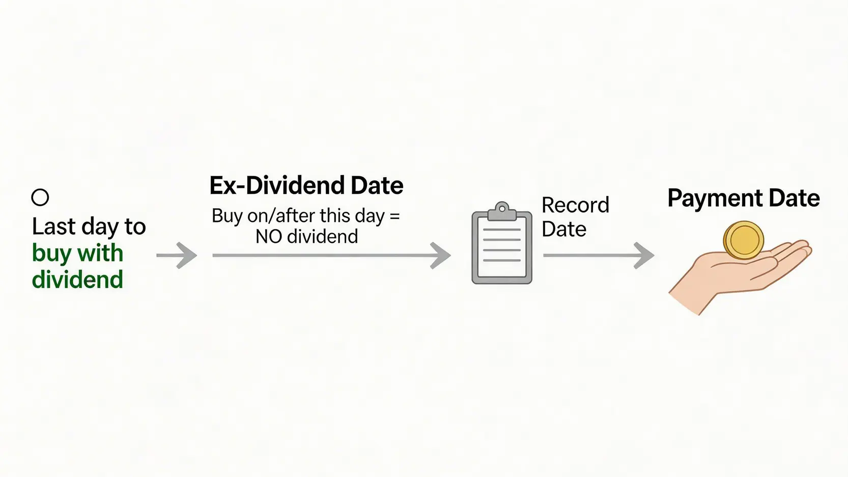 一張關於股息派發日期的時間軸圖,解釋除淨日、截止過戶日期和派息日的順序和意義。