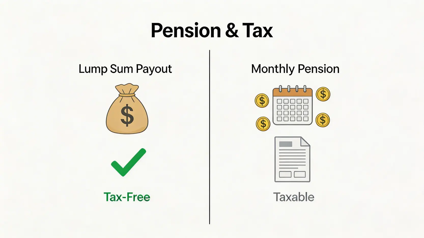 公務員退休金稅務處理對比圖,顯示一筆過領取的折算退休金免稅,而每月領取的長俸則需要繳納薪俸稅。