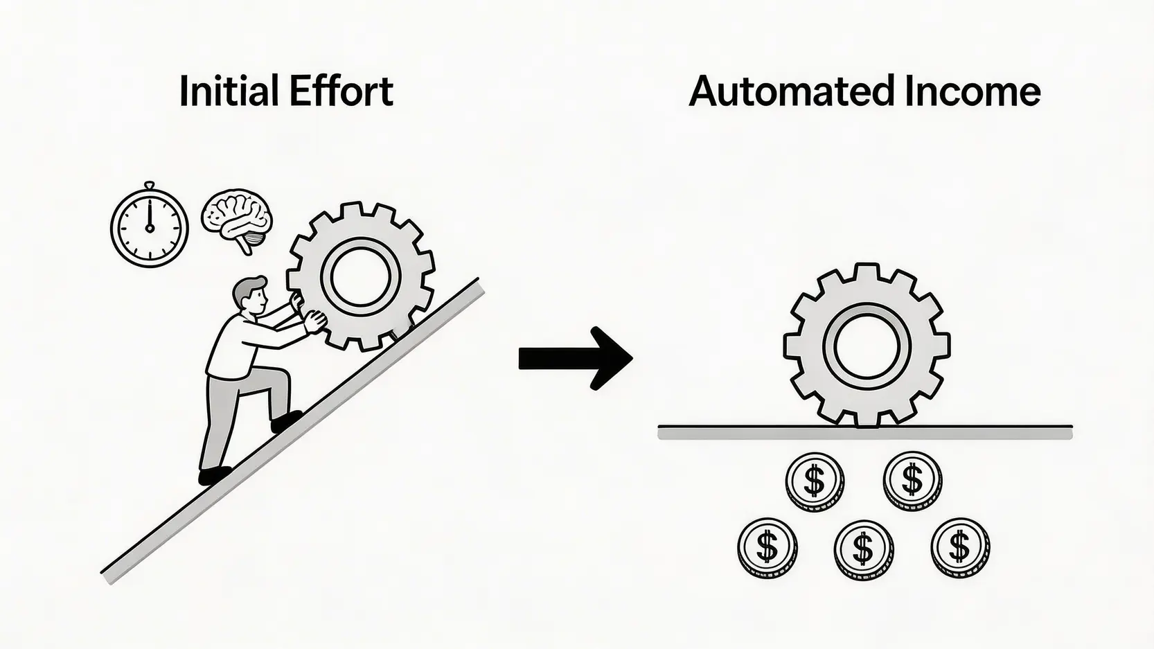 被動收入概念圖,顯示前期投入時間與精力,後期產生持續的自動化金錢回報。
