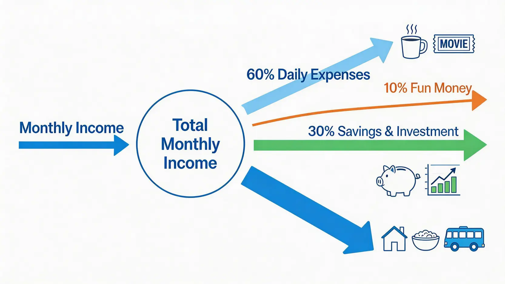 「631理財法」概念圖,展示月收入如何分配為60%生活開支、30%儲蓄投資和10%備用玩樂金。