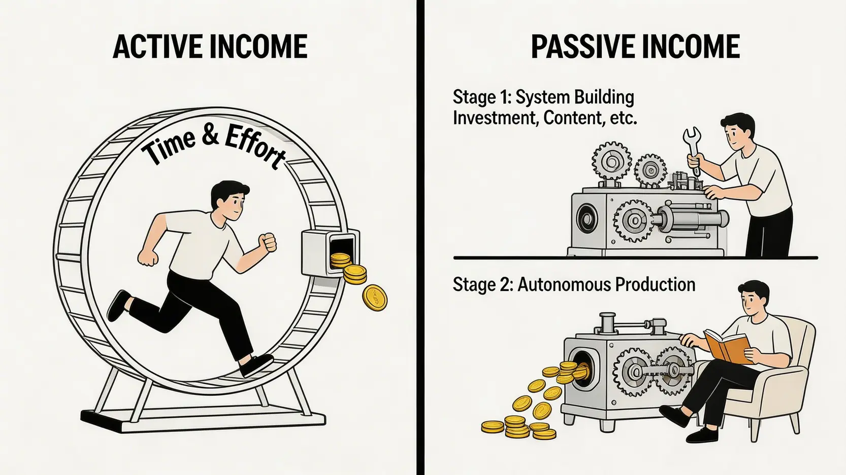 主動收入與被動收入對比圖,展示主動收入是持續投入時間換取金錢,而被動收入是前期建立系統後,系統可持續產生收入。