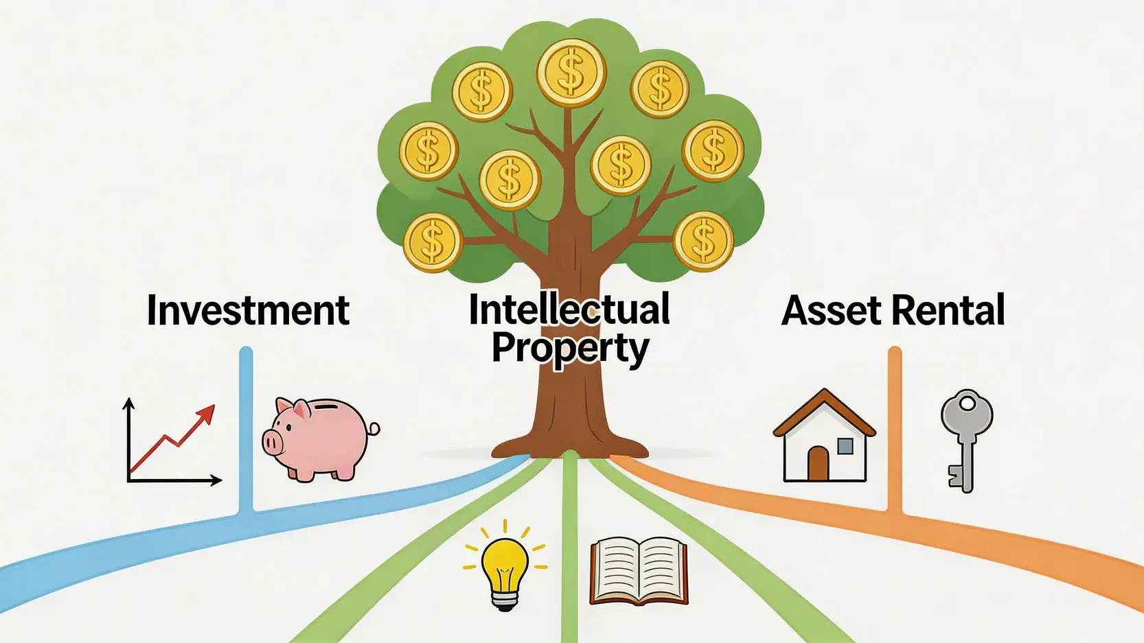 三種被動收入種類的概念圖,包括投資型收入、知識產權型收入和資產租賃型收入。