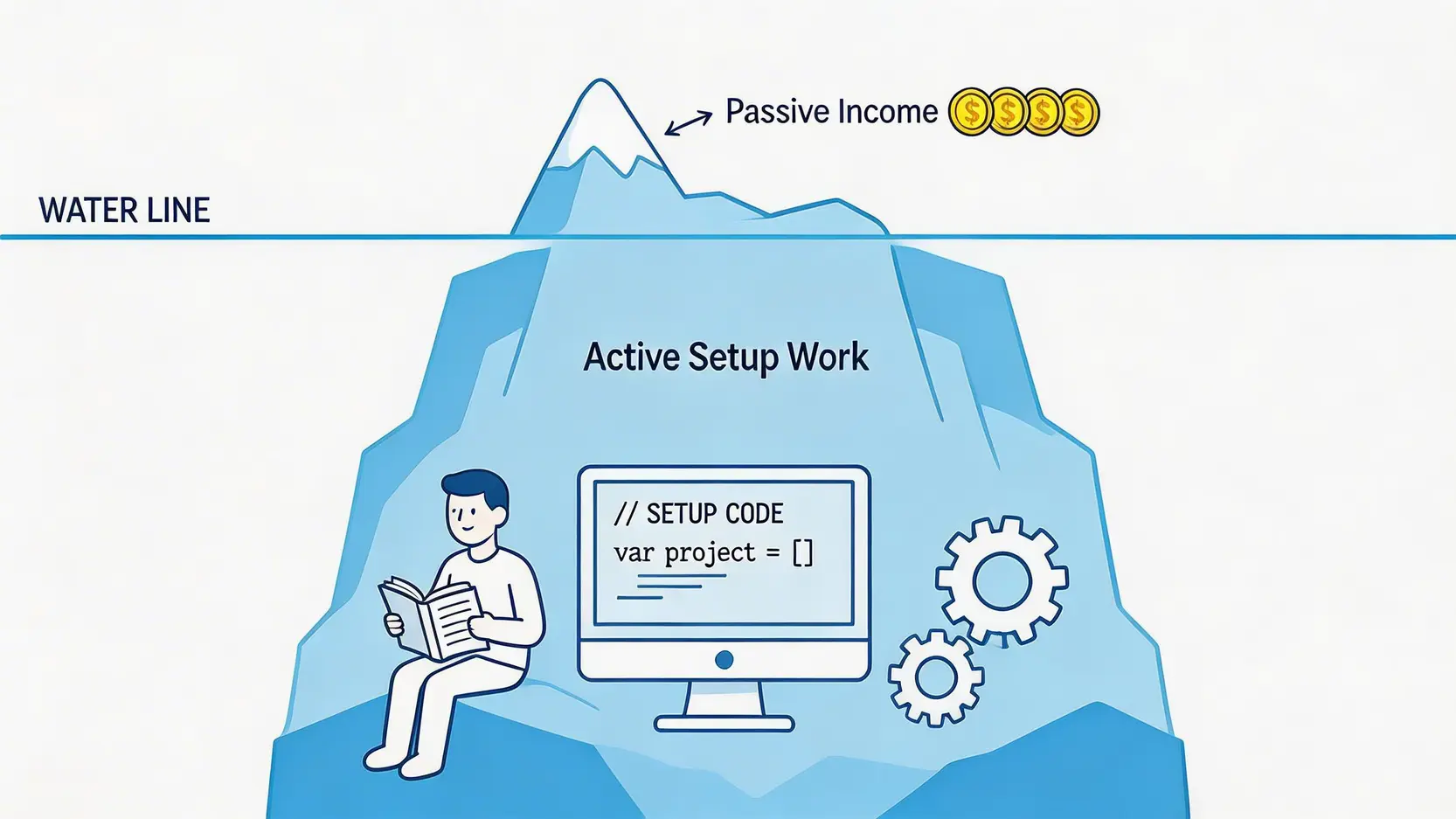 被動收入冰山模型,顯示表面的被動收入底下需要大量的前期主動付出。