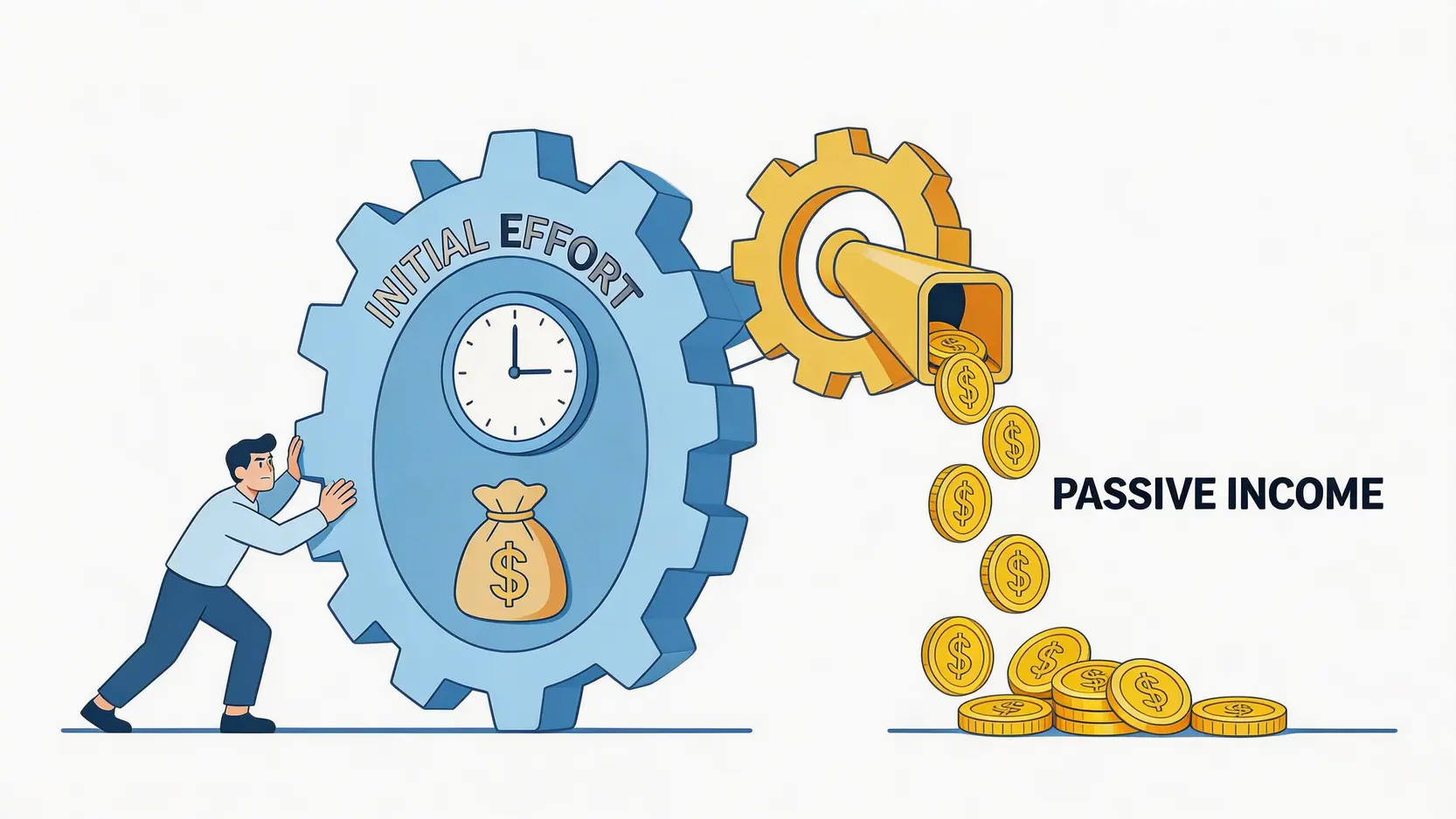一張概念圖解釋被動收入的原理:前期投入巨大的時間和資本,才能換來後續持續的現金流。