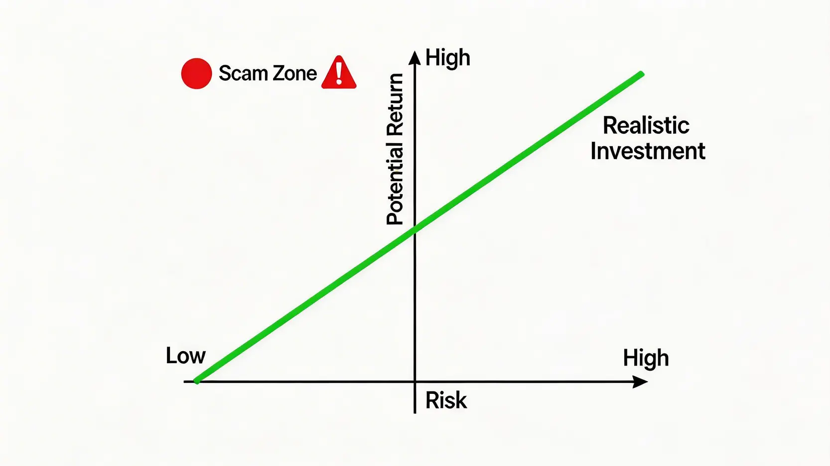一張風險與回報關係圖,顯示正常投資的回報隨風險增加而增加,而高回報低風險的區域則被標示為騙局。