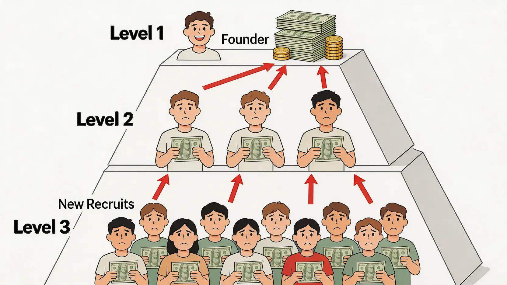 一張揭示層壓式騙局結構的金字塔圖,顯示資金從底層新成員向上流向頂層發起人。