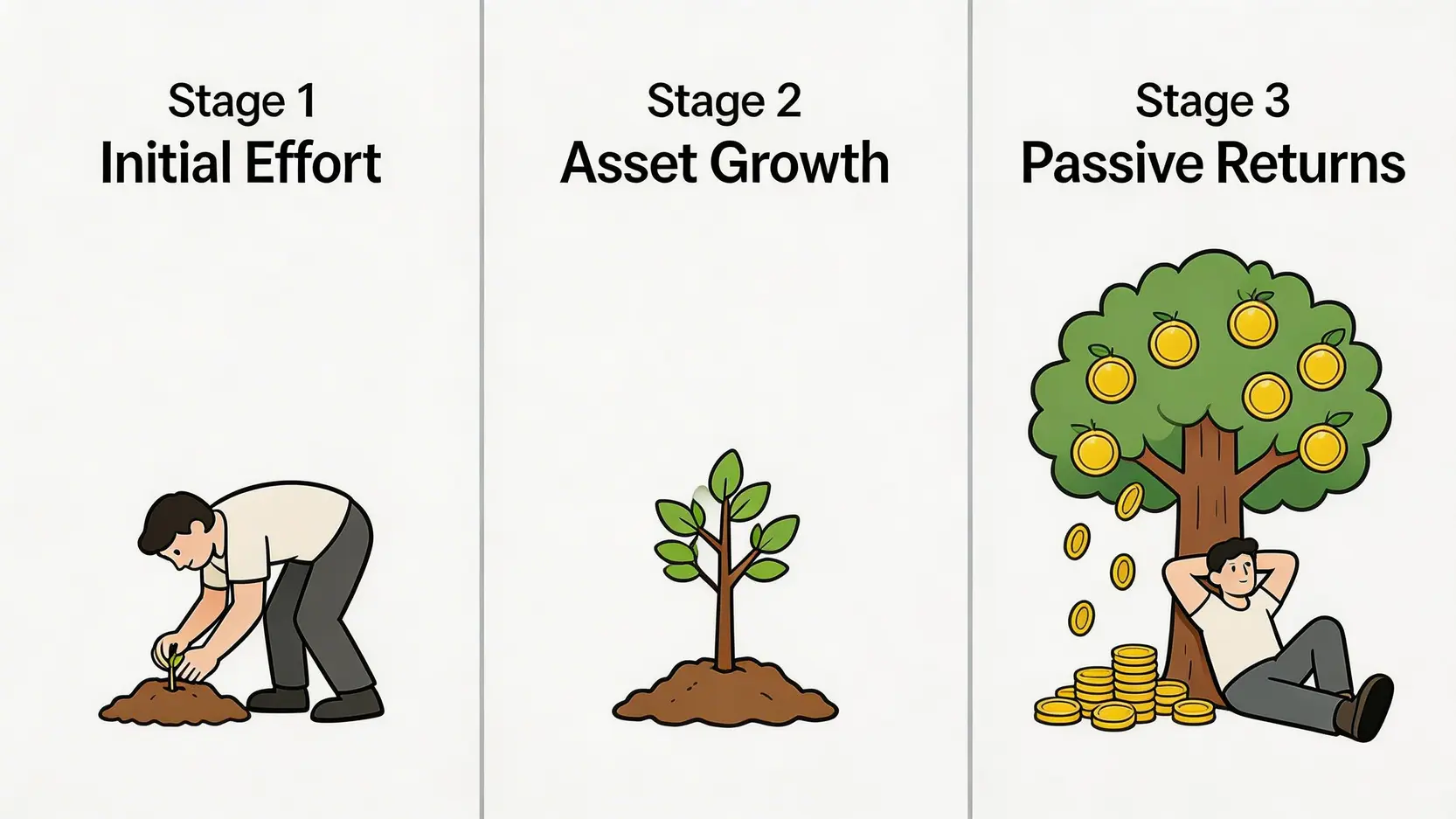 一張概念圖,展示了被動收入的建立過程,從種下種子(前期投入),到樹木成長(資產增長),再到收穫果實(被動回報)。