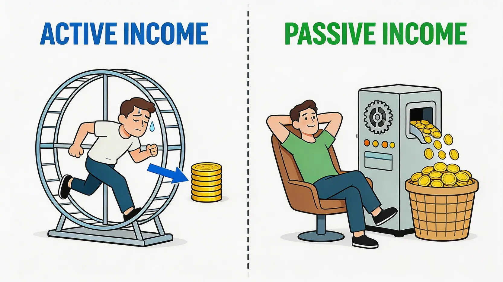 一張對比圖,左邊是主動收入,描繪一個人辛苦地在倉鼠輪上跑來換取少量金錢;右邊是被動收入,描繪一個人輕鬆地看著資產自動產生持續的金錢流。
