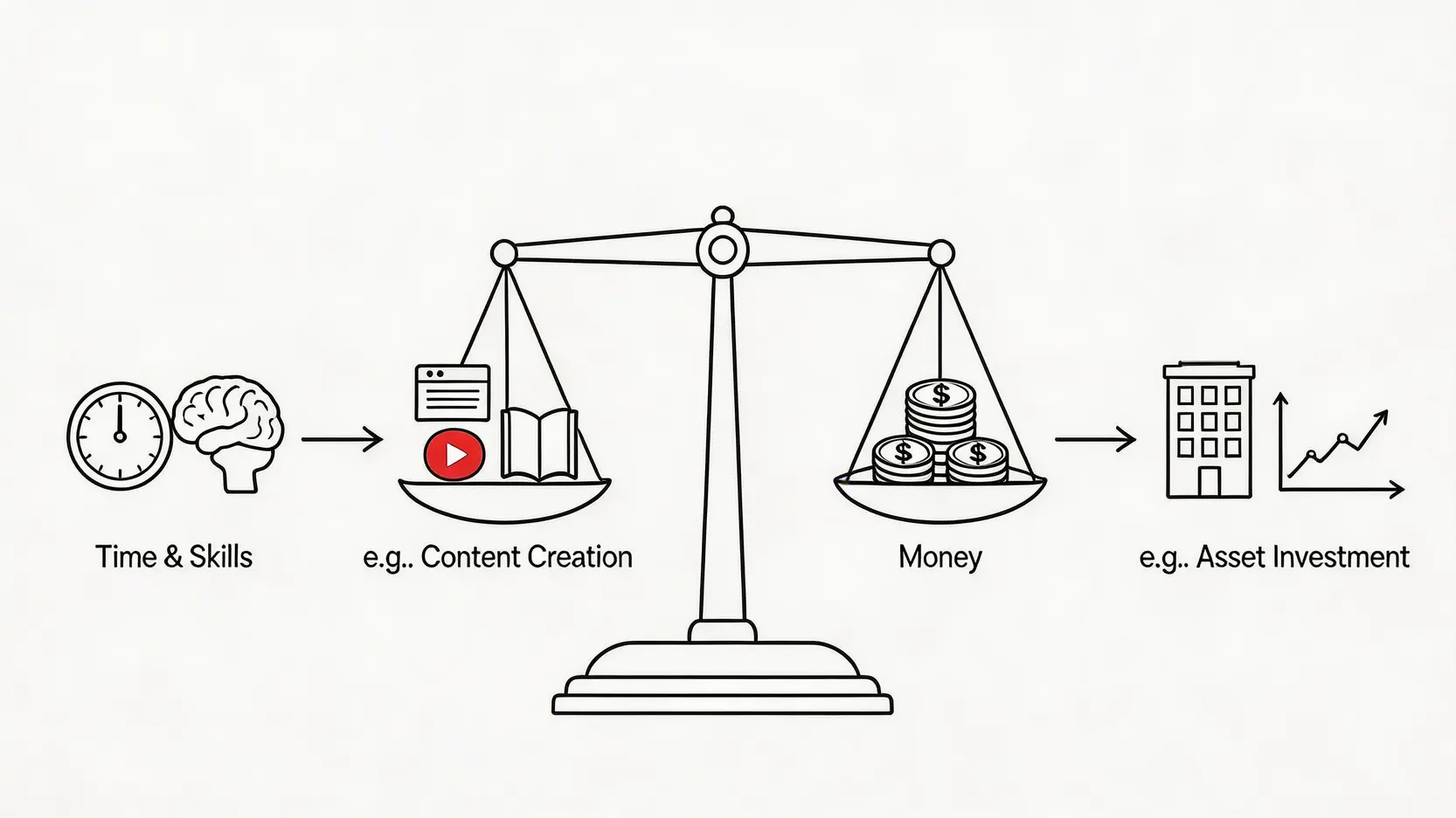 一張概念圖,展示了一個天秤,左邊是「時間與技能」的投入,通往內容創作等方式;右邊是「金錢」的投入,通往資產投資等方式,說明建立被動收入的兩種主要路徑。