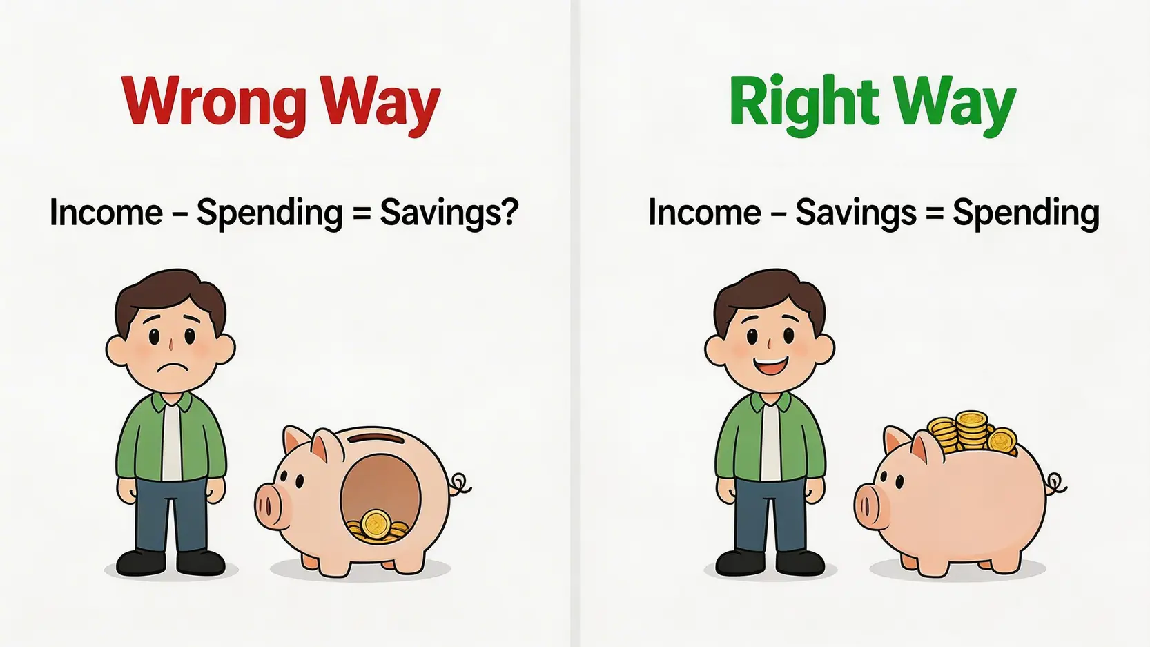 一張對比圖,展示了錯誤的儲蓄公式「收入 - 支出 = 儲蓄」和正確的儲蓄公式「收入 - 儲蓄 = 支出」之間的區別。