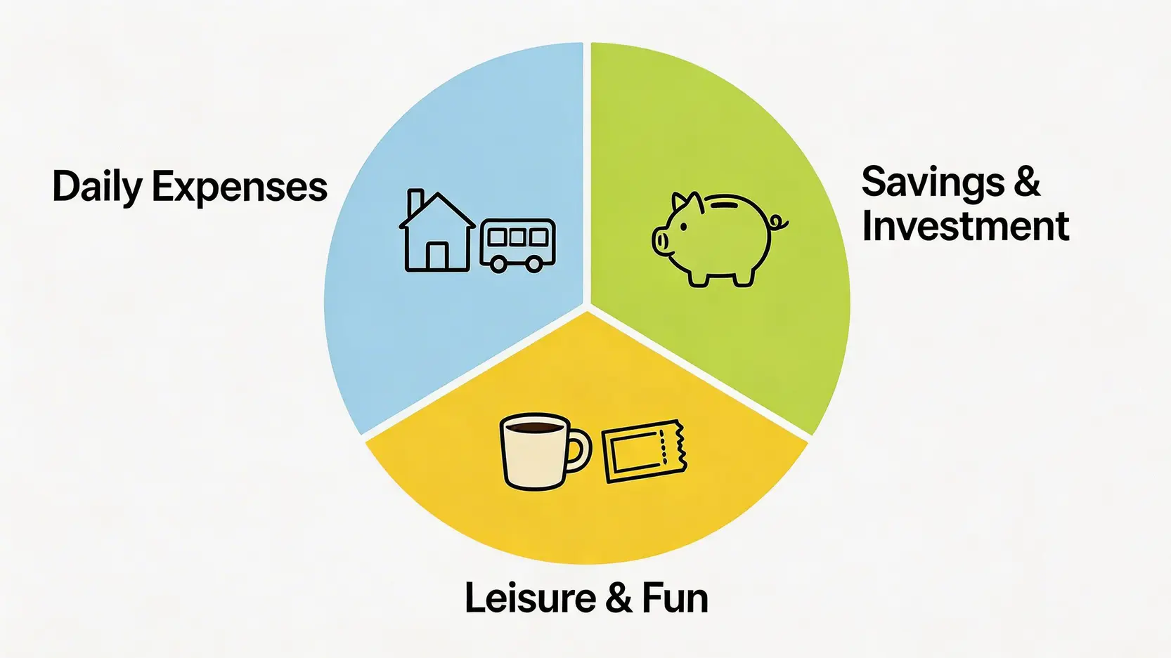 一張圓餅圖,清晰地將收入分為三等份,分別是33.3%的日常開銷、33.3%的儲蓄投資和33.3%的休閒娛樂,以解釋333儲錢法。