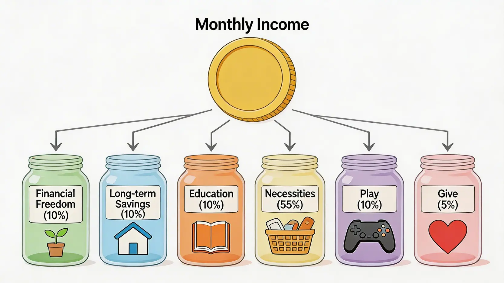 一張示意圖,展示了6罐子儲錢法如何將收入分為六個不同用途的戶口,包括財務自由(10%)、長期儲蓄(10%)、教育(10%)、生活必需(55%)、休閒娛樂(10%)和貢獻(5%)。