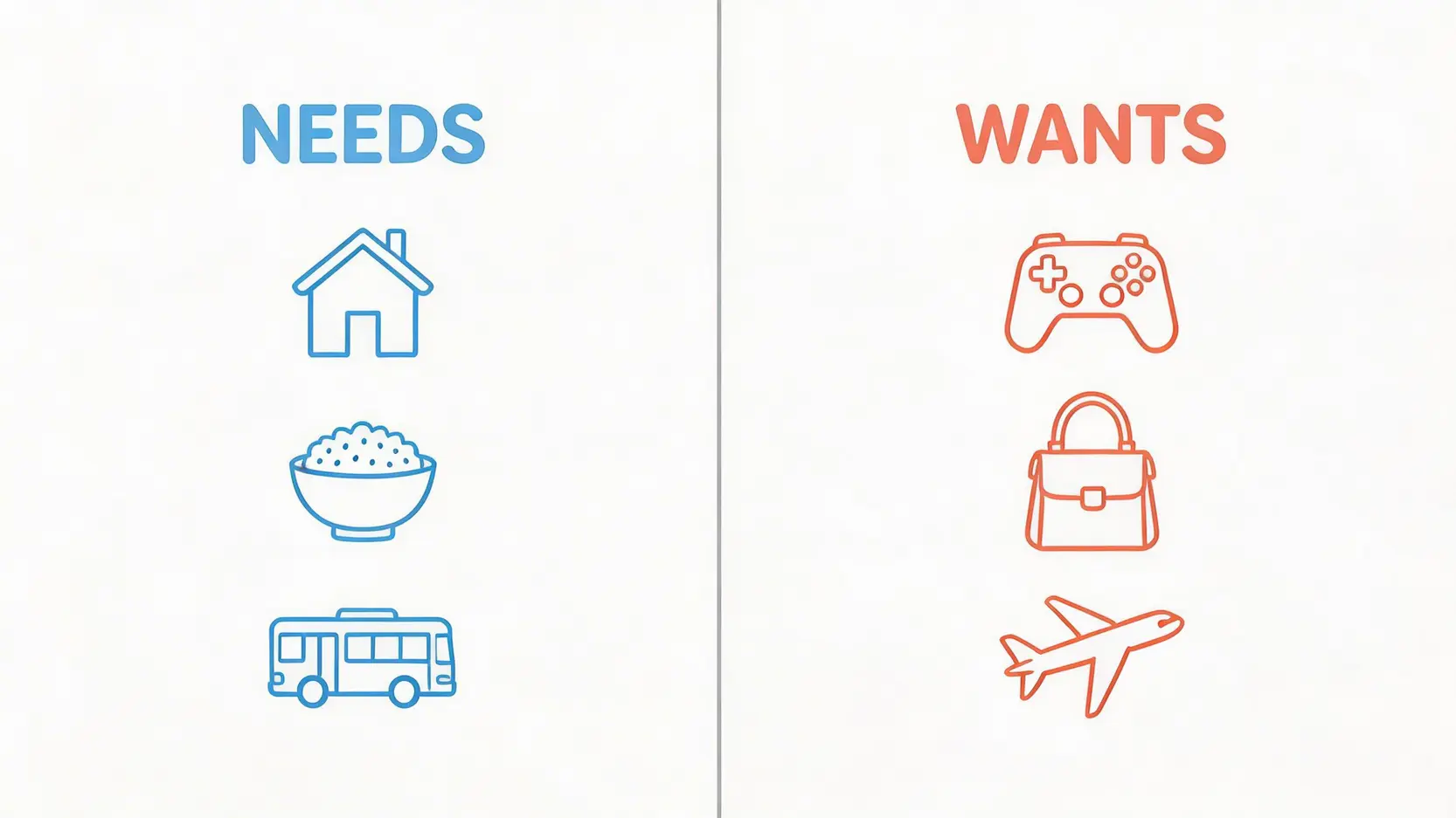 一張對比圖,左邊是代表「需要」的基本生活開支,如住房和食物;右邊是代表「想要」的非必要開支,如奢侈品和旅行。