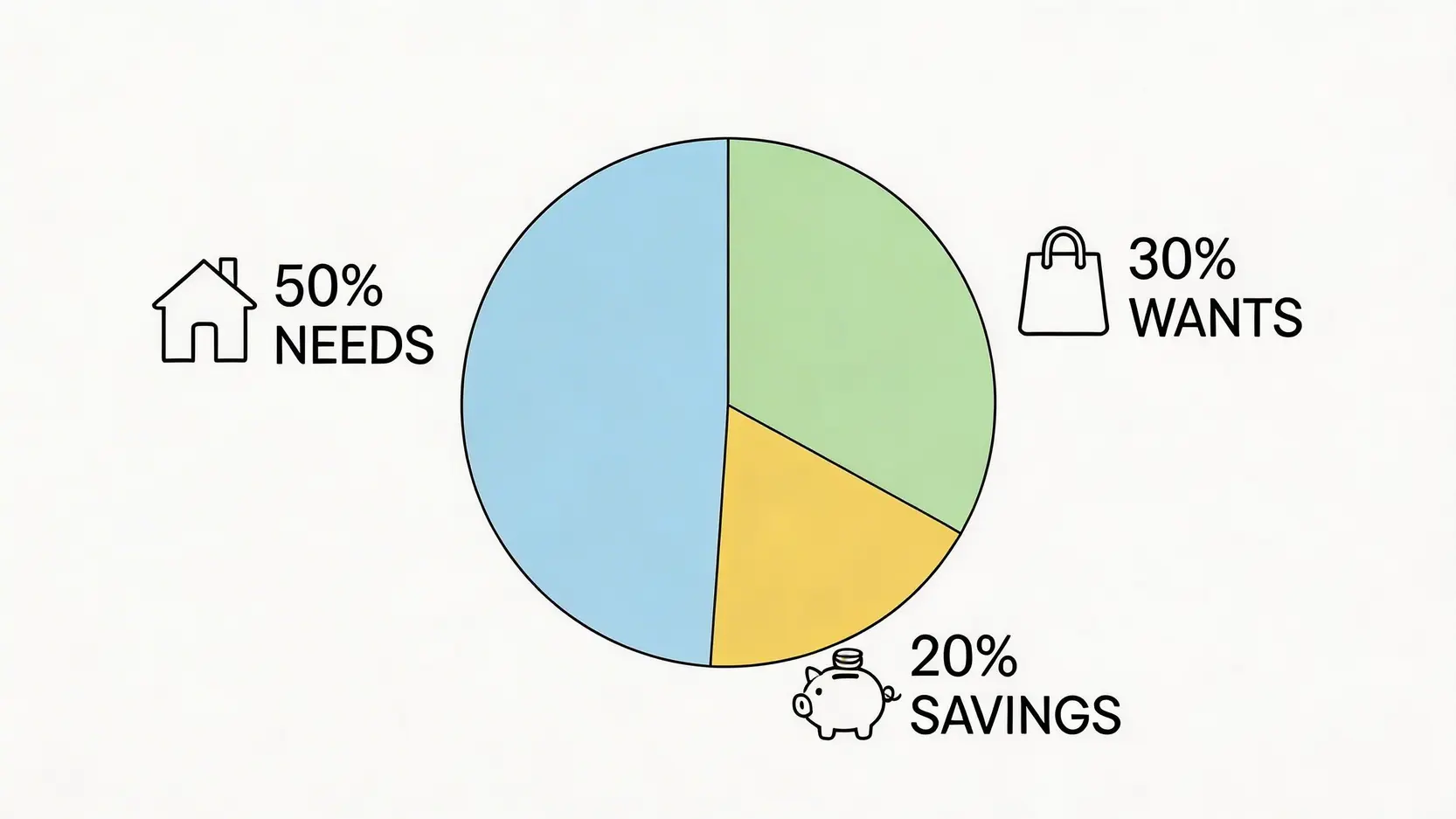 一個圓餅圖,清晰展示「50/30/20」預算法則,其中50%用於需要,30%用於想要,20%用於儲蓄與投資。