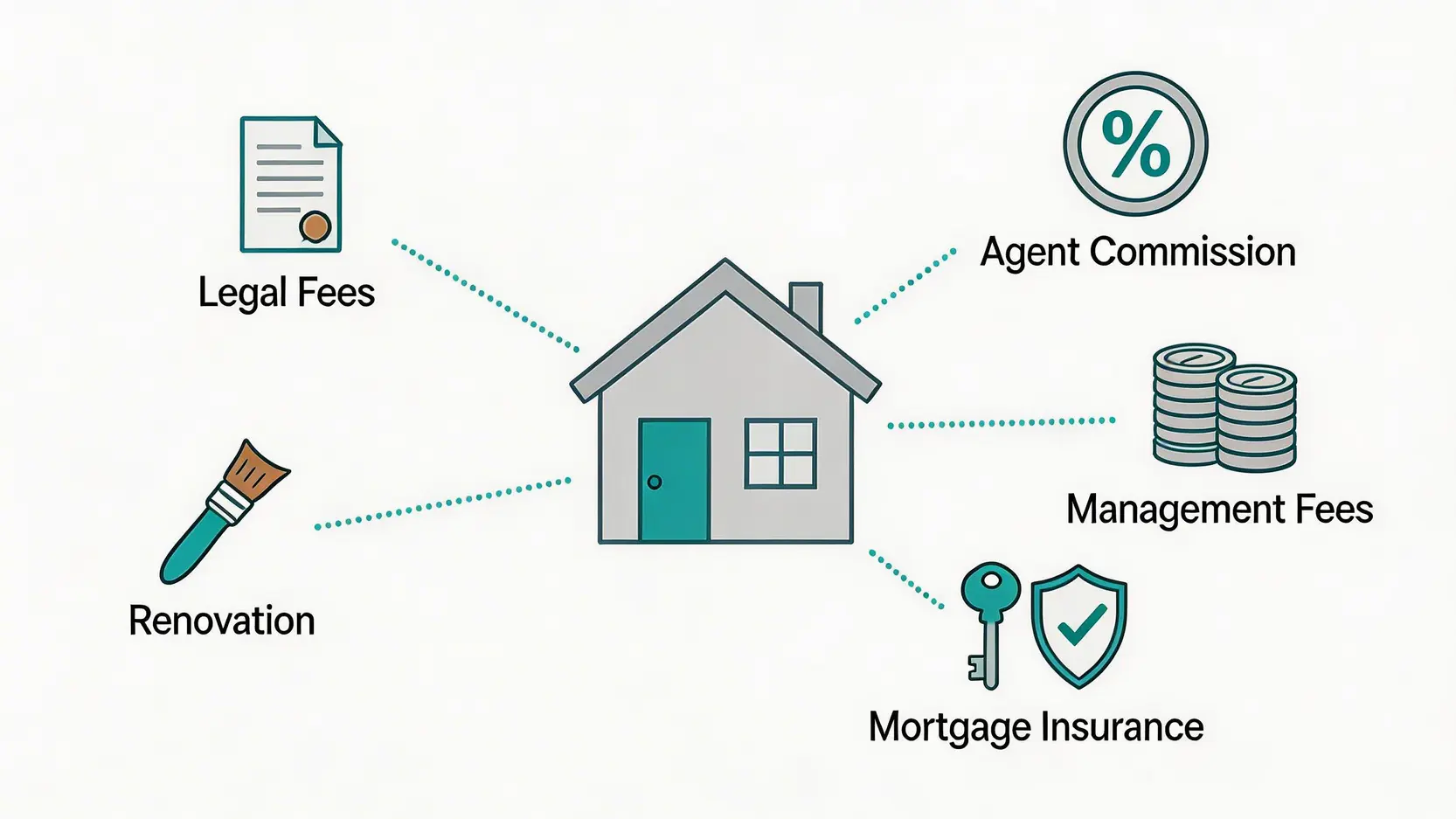 一張示意圖,中間是一間屋,周圍環繞著多個圖標,分別代表買樓時的各種隱藏開支,如律師費、佣金、裝修費和按揭保險。