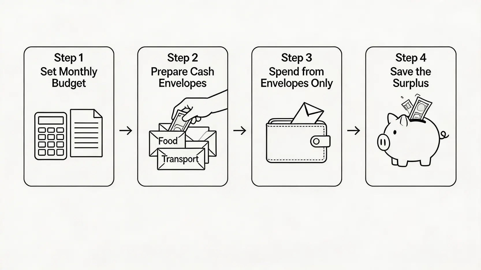 信封儲錢法四步驟流程圖,包括設定預算、準備現金信封、專款專用及儲存月底餘額。