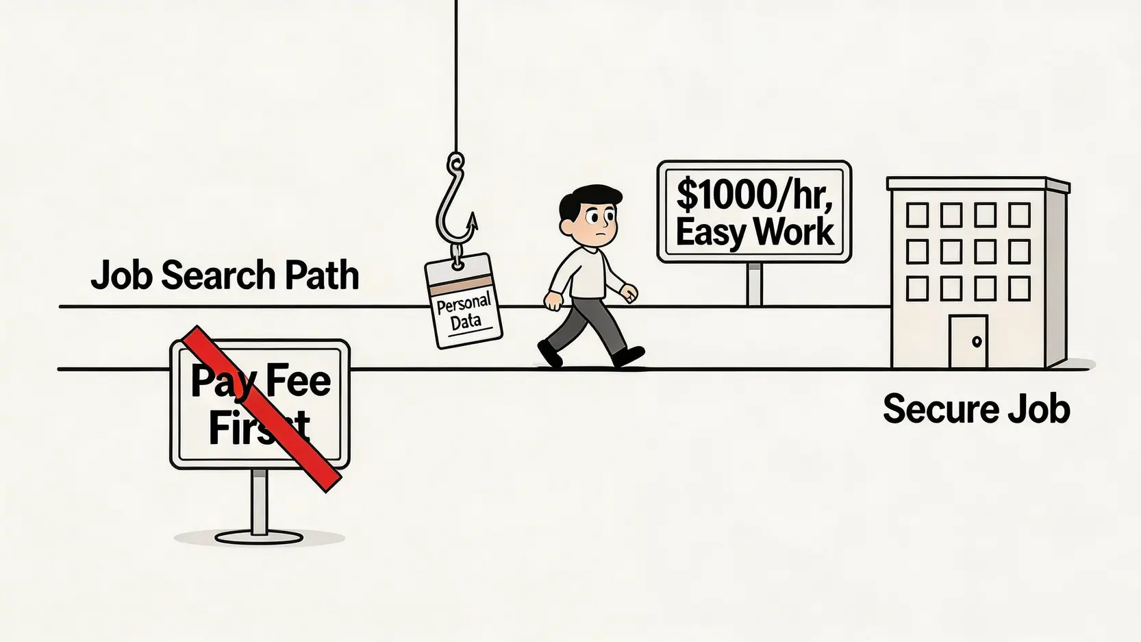 求職者在求職路上避開預繳費用、洩露個人資料和不切實際高薪等常見陷阱。