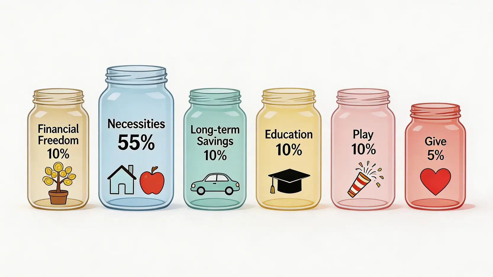 六罐子理財法示意圖,展示六個分別標示著財務自由、生活必需、長期儲蓄、教育、玩樂和貢獻的玻璃罐及其建議分配比例。