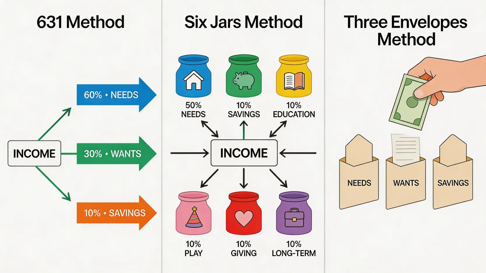 三大理財方法比較圖:631理財法的簡單分流,六罐子理財法的系統化分類,以及三信封理財法的現金控制。