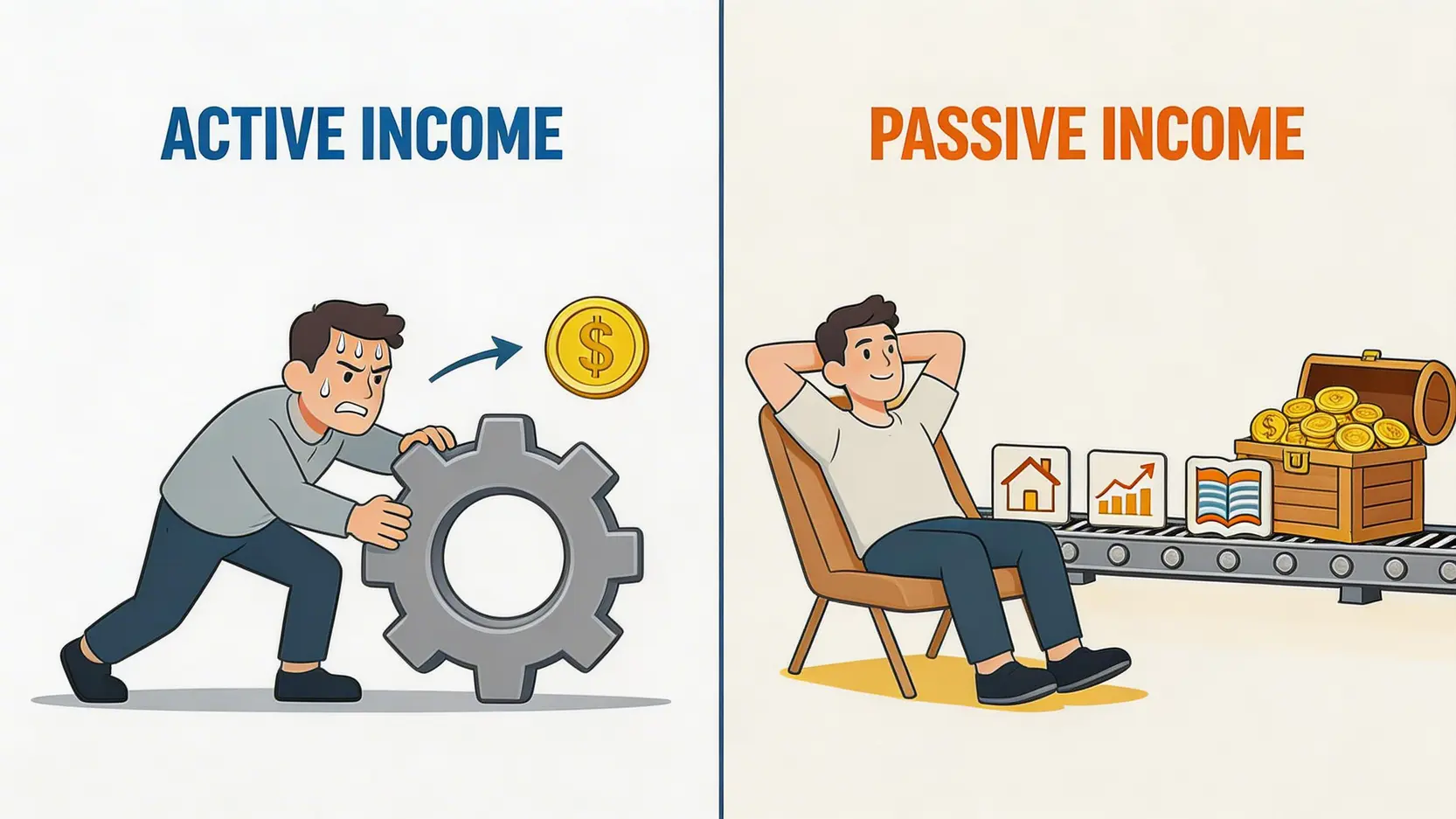 主動收入與被動收入的對比圖,顯示主動收入需要持續工作換取,而被動收入則由資產自動產生,是實現財務自由的關鍵。
