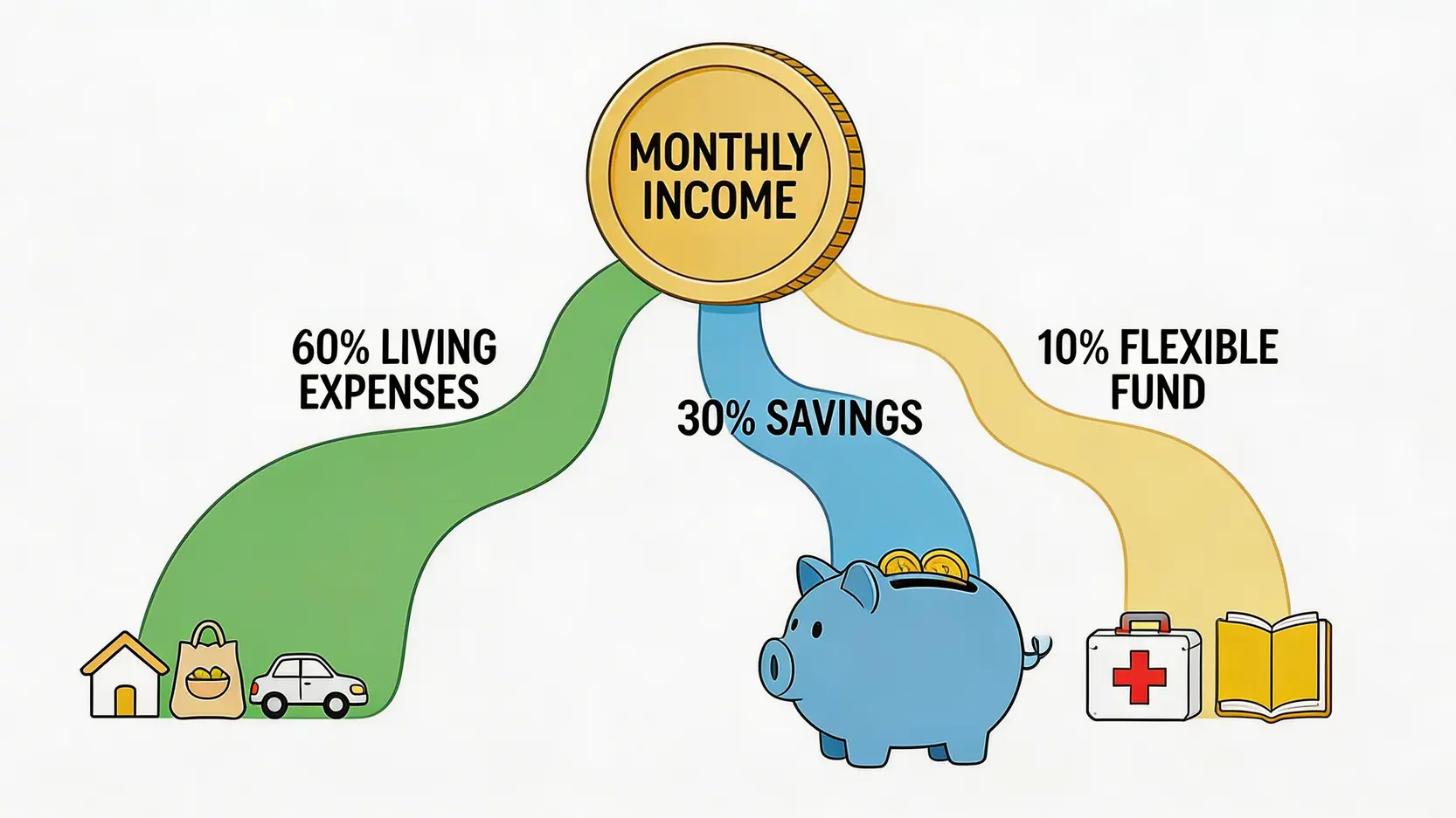631理財法示意圖,展示月收入如何按比例分配為60%生活開支、30%儲蓄和10%備用金。