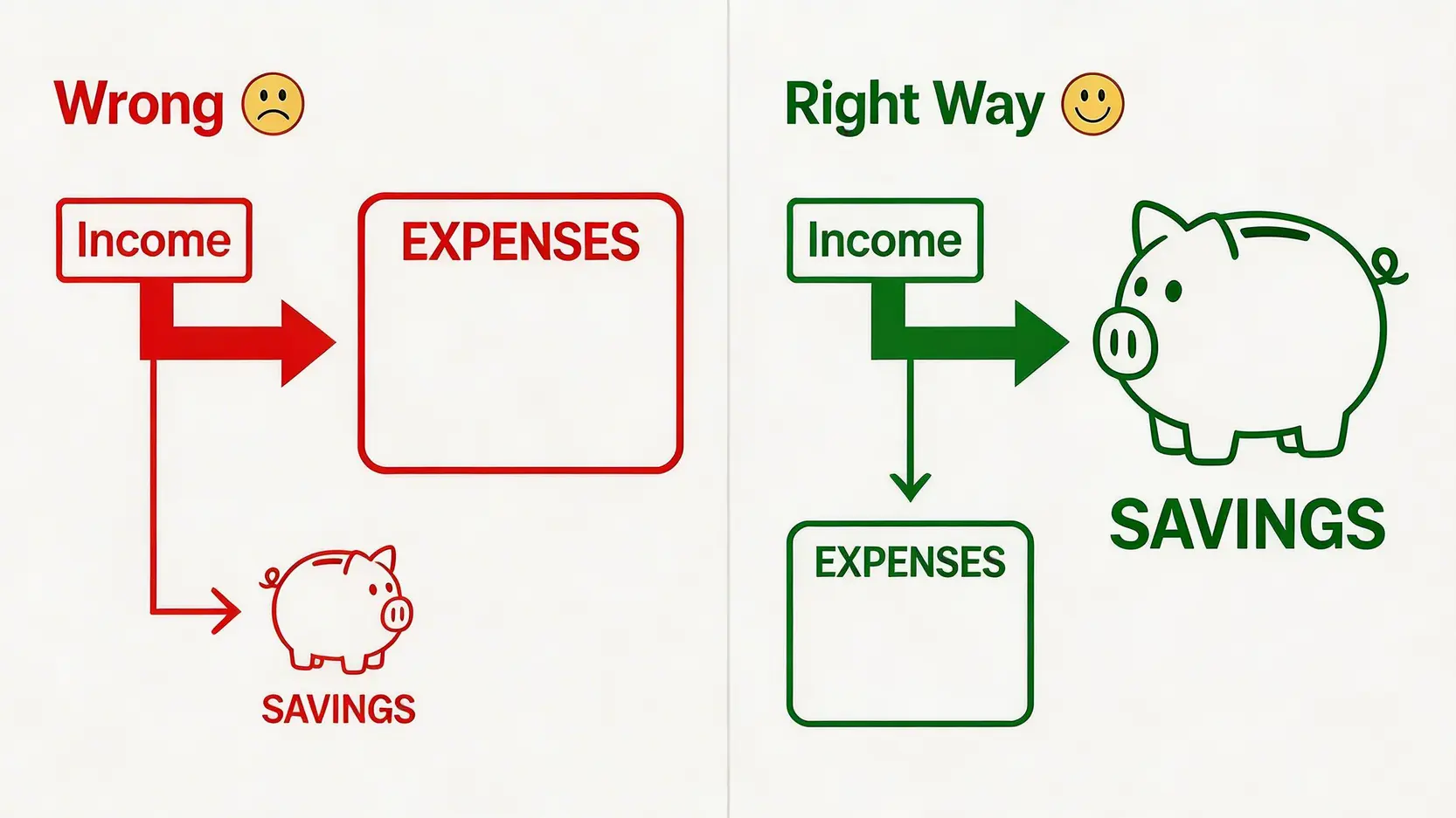 一張對比圖,展示了「先花費後儲蓄」的錯誤方式與「先儲蓄後花費」的正確方式,凸顯儲蓄優先的重要性。