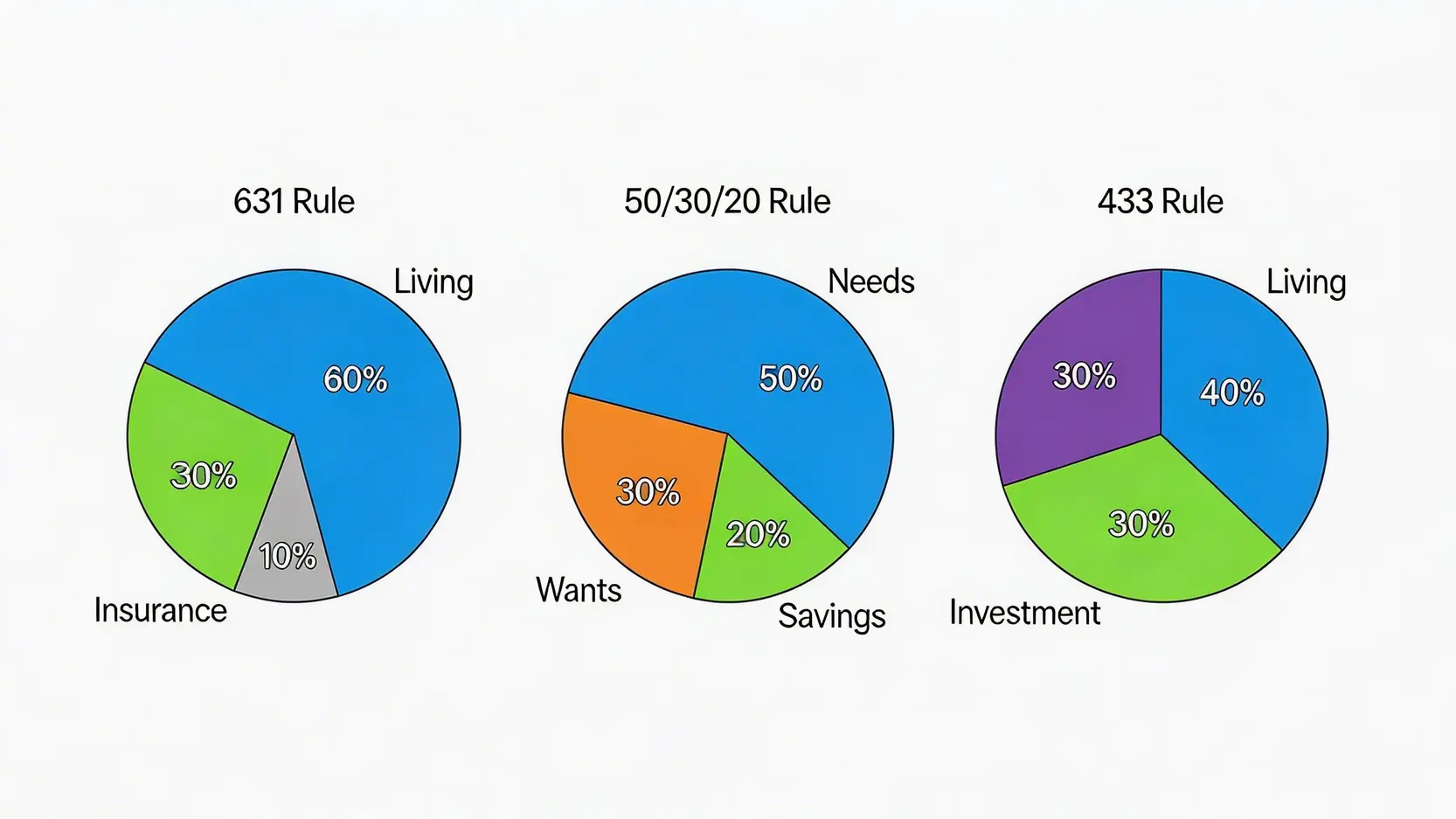 三大黃金人工分配法則(631、50/30/20、433法則)的圓餅圖比較。