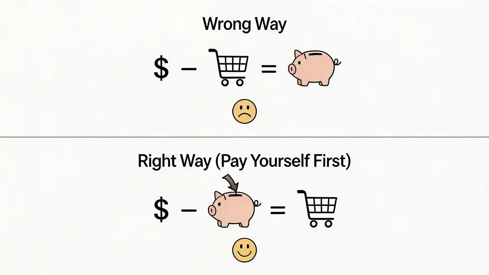 「先支付自己」理財概念圖,對比了先消費後儲蓄和先儲蓄後消費兩種模式的結果。