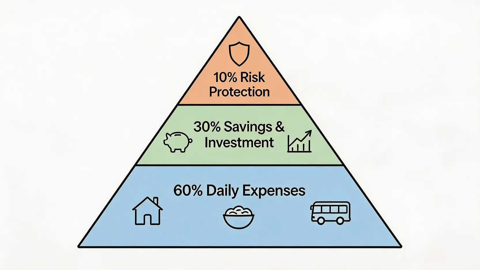 理財金三角理論的631黃金比例示意圖,展示了60%日常開銷、30%儲蓄投資和10%風險保障的收入分配。