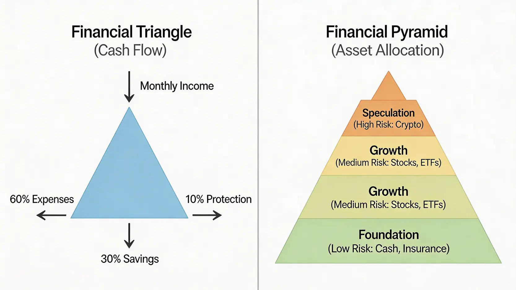 理財金三角與理財金字塔的對比圖,左側顯示管理現金流的金三角,右側顯示配置總資產的金字塔。