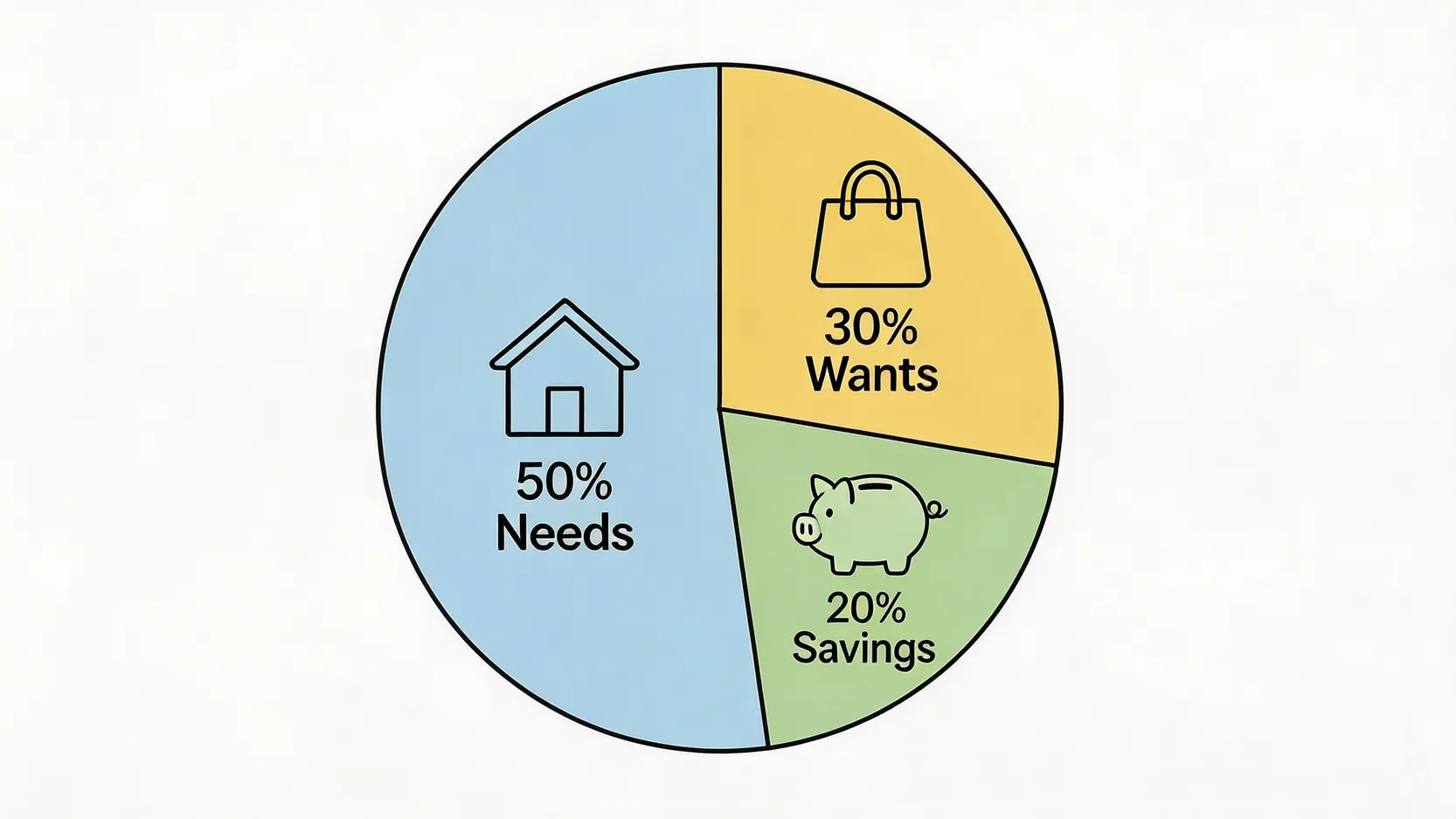 50/30/20理財法則概念圖,一個餅圖顯示收入被分為50%的需要、30%的想要和20%的儲蓄。