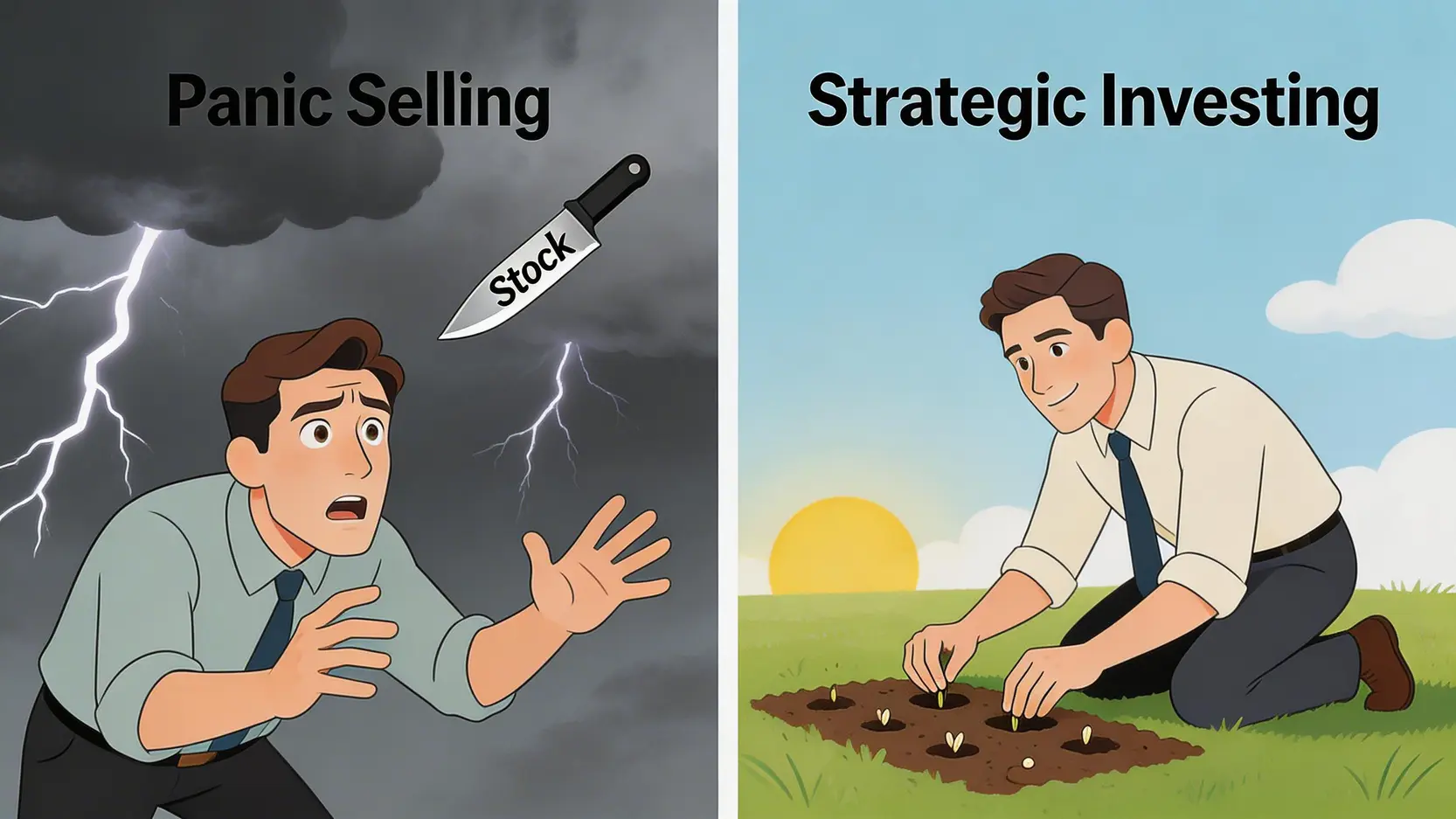 熊市中恐慌性拋售與策略性投資的對比圖。